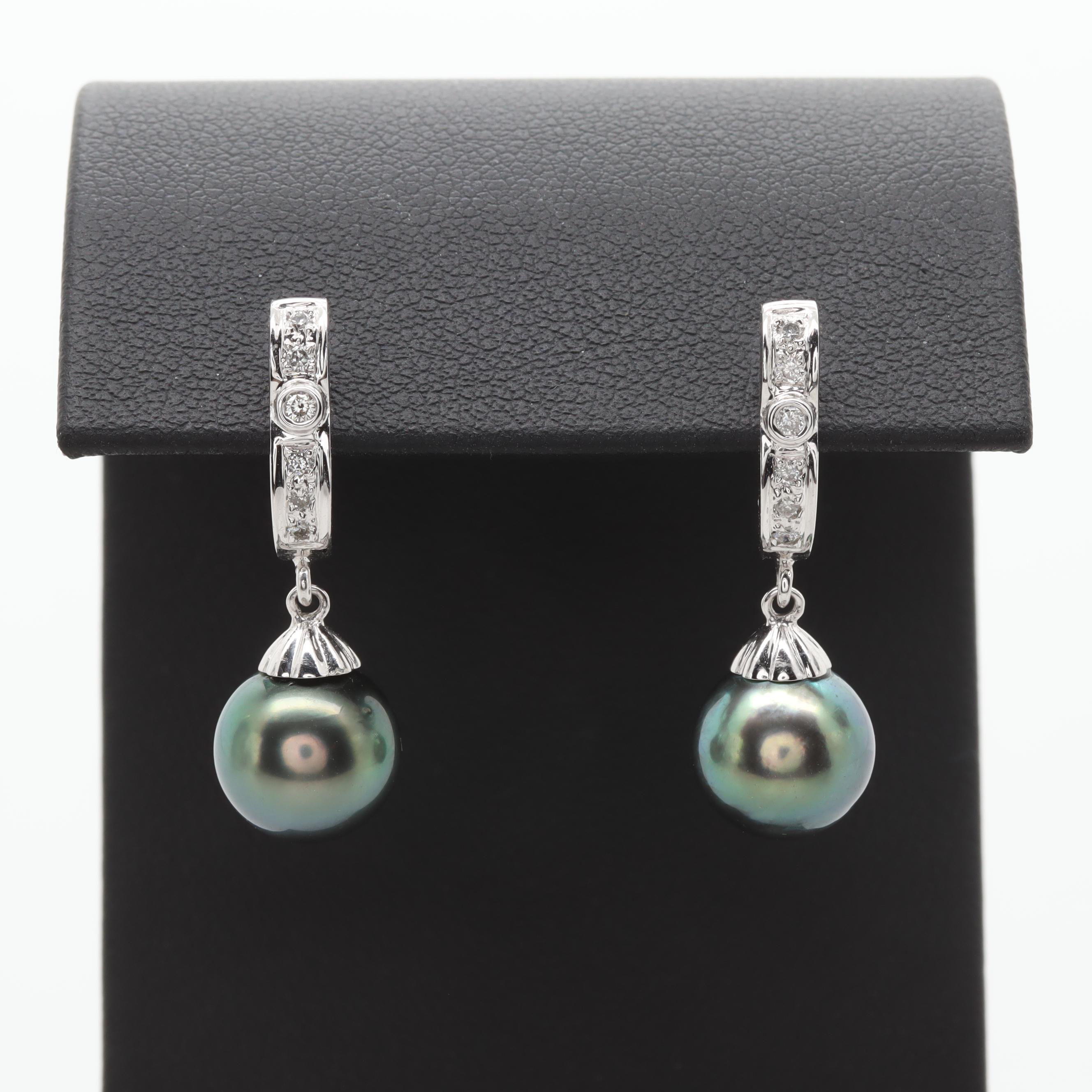 14K White Gold Cultured Pearl and Diamond Lever Back Earings