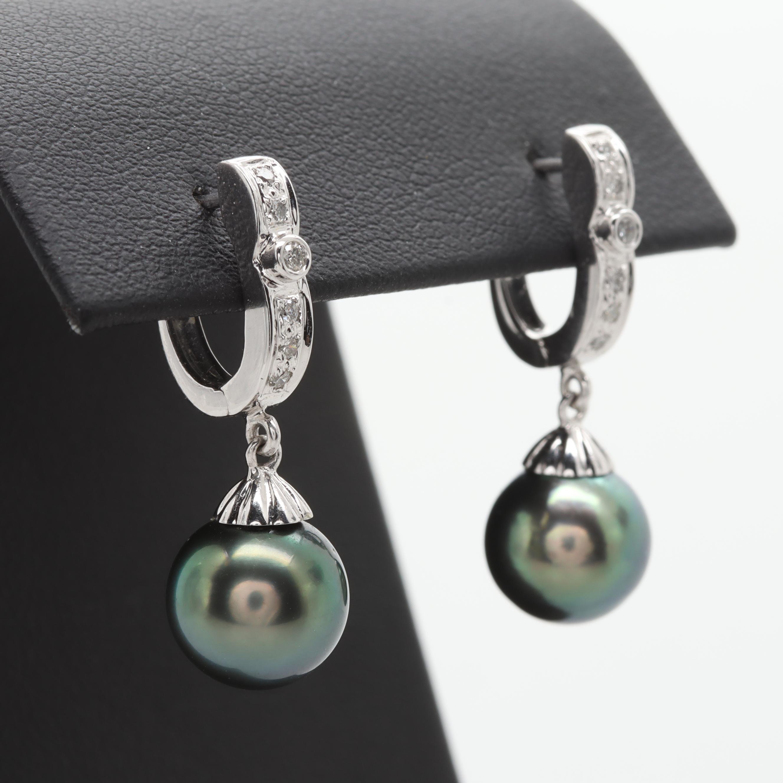 14K White Gold Cultured Pearl and Diamond Lever Back Earings