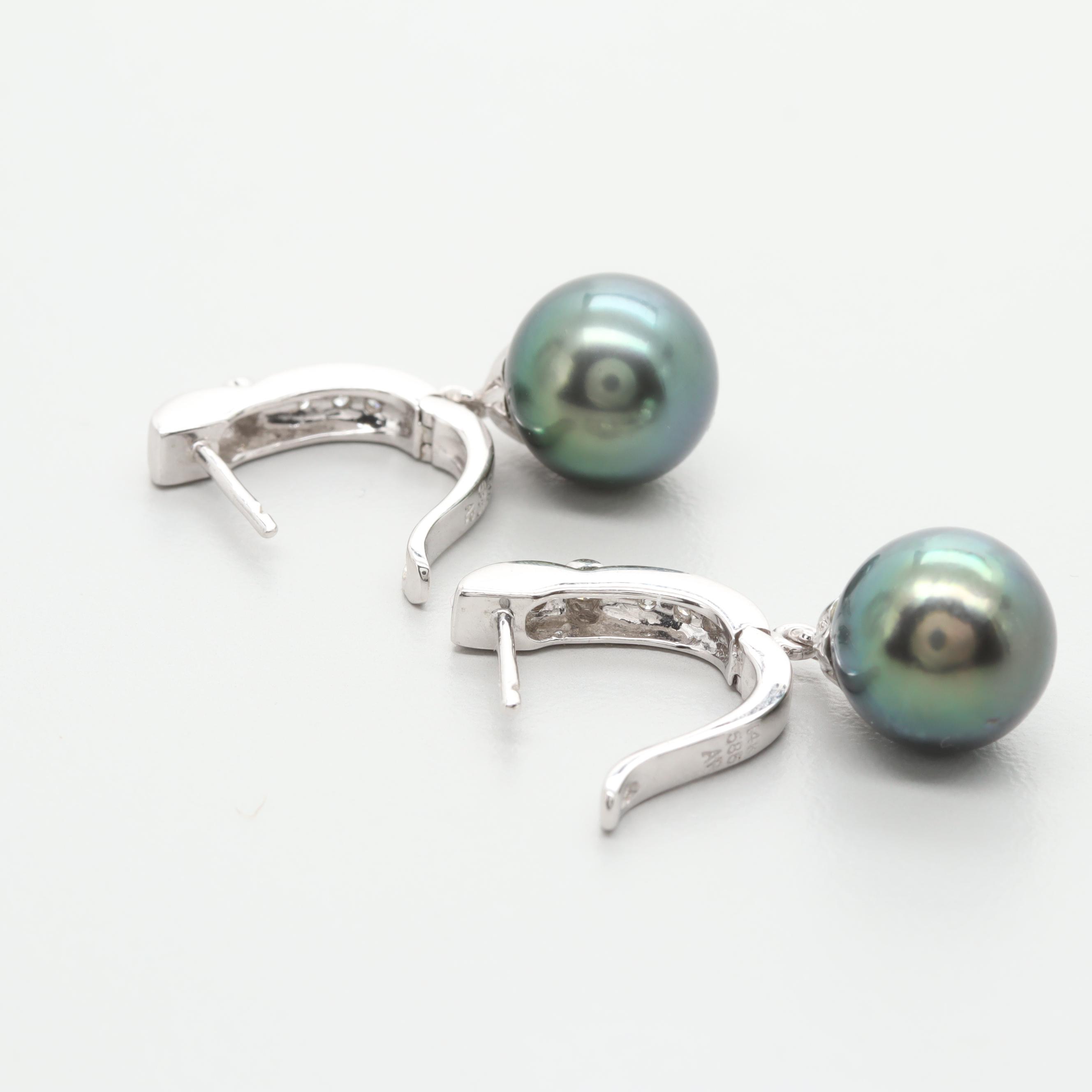 14K White Gold Cultured Pearl and Diamond Lever Back Earings