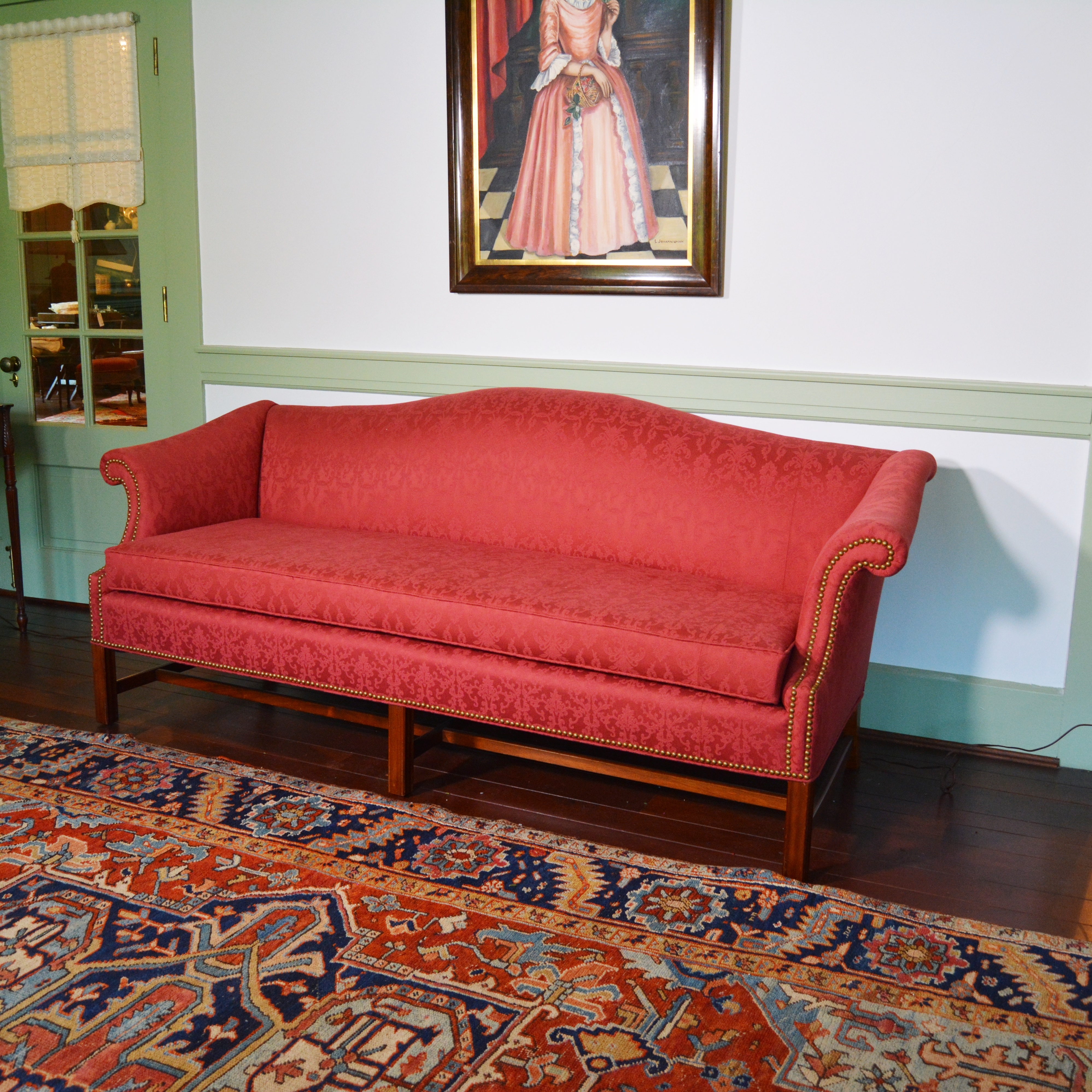 Vintage Upholstered Camelback Sofa