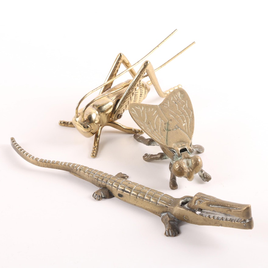 Brass Grasshopper Figurine, Alligator Nutcracker and Fly Ash Receiver