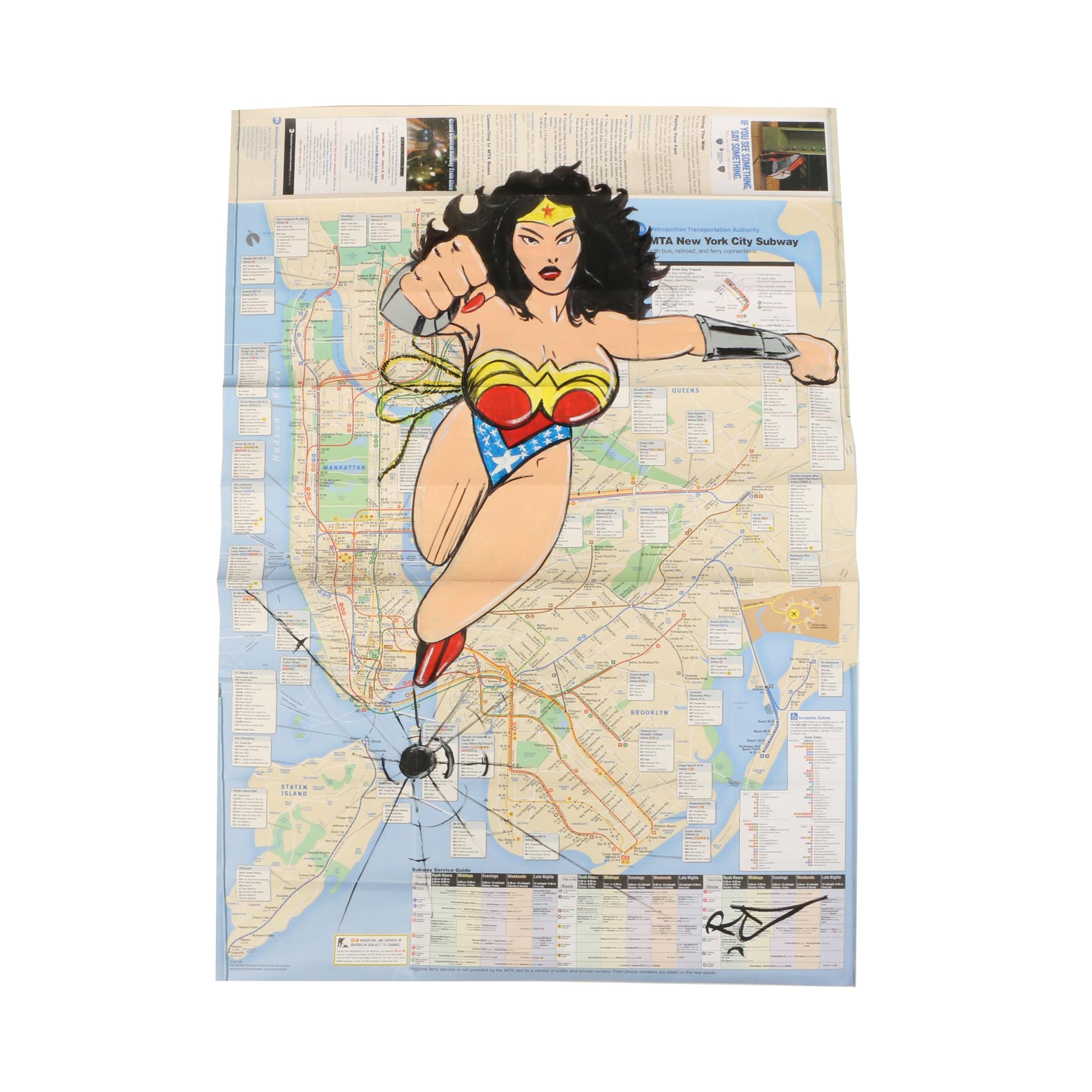 RD 357 Acrylic Graffiti Style Painting "Wonder Woman" on New York Subway Map