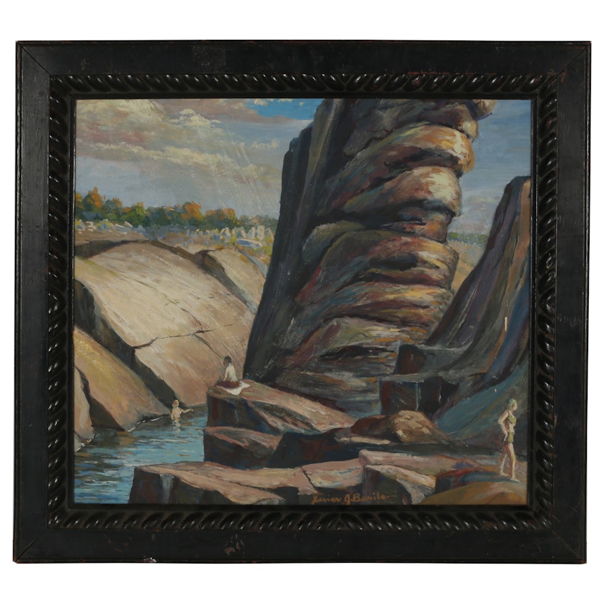 Casein Painting in the Manner of Xavier Barile "Cape Ann's Quarry Lake"
