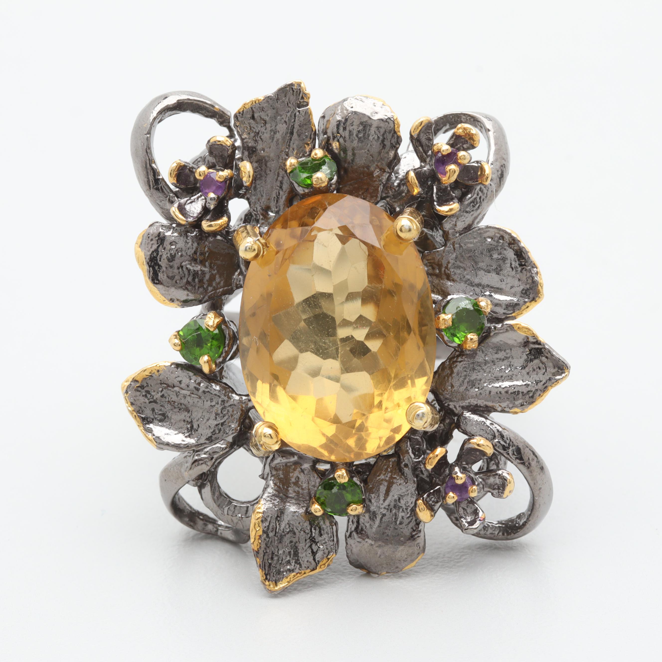 Sterling Silver Citrine, Chrome Diopside, and Amethyst Floral Motif Ring