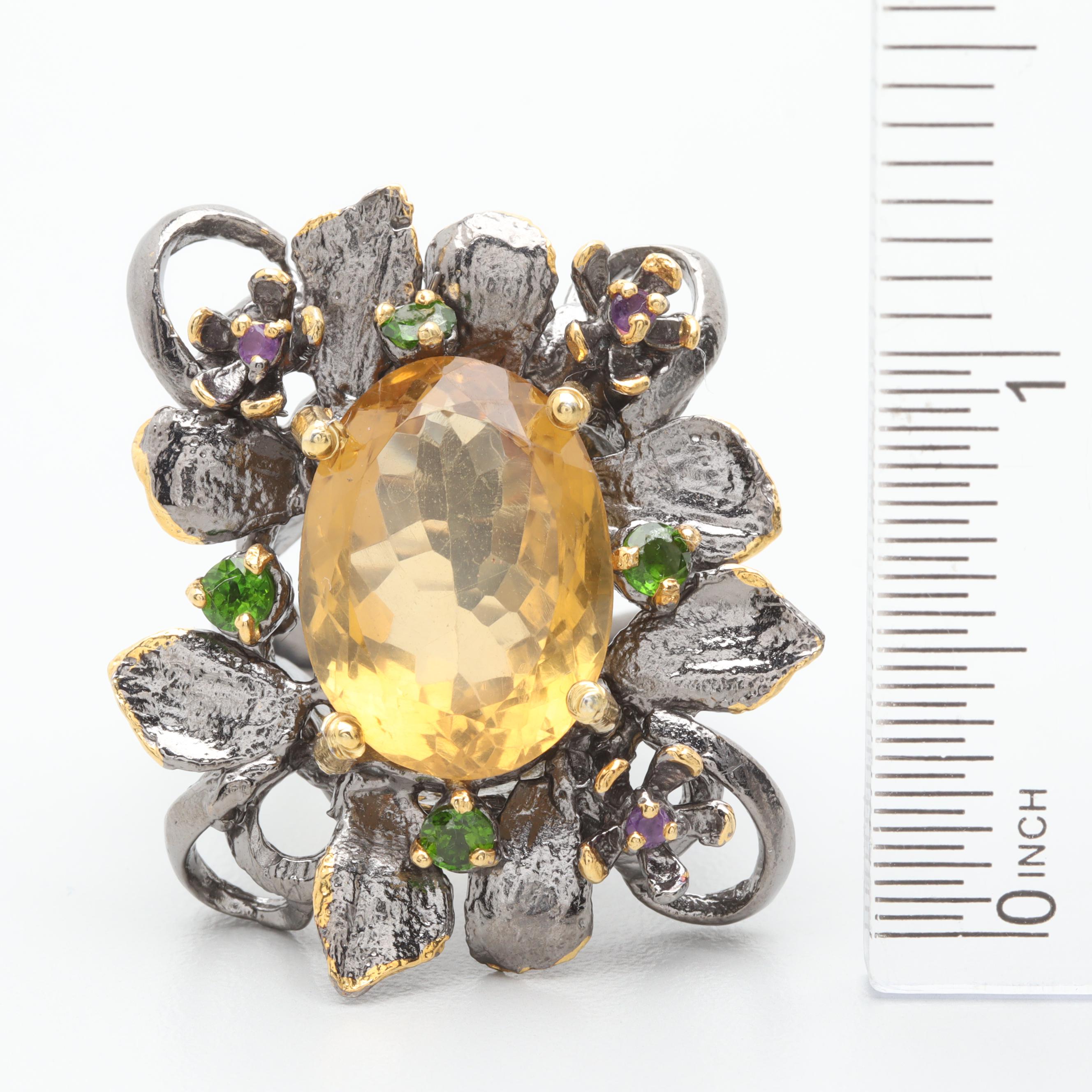 Sterling Silver Citrine, Chrome Diopside, and Amethyst Floral Motif Ring