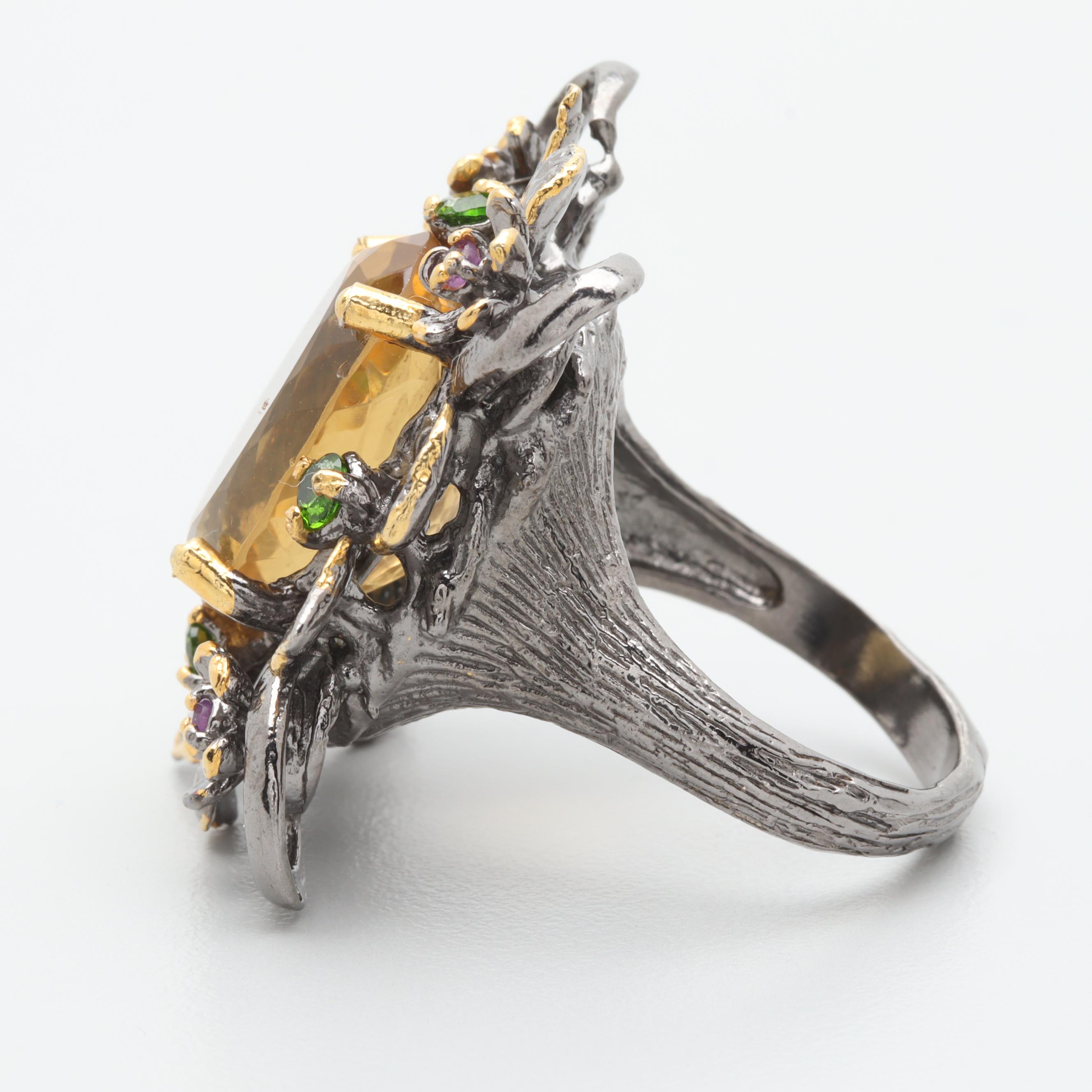 Sterling Silver Citrine, Chrome Diopside, and Amethyst Floral Motif Ring