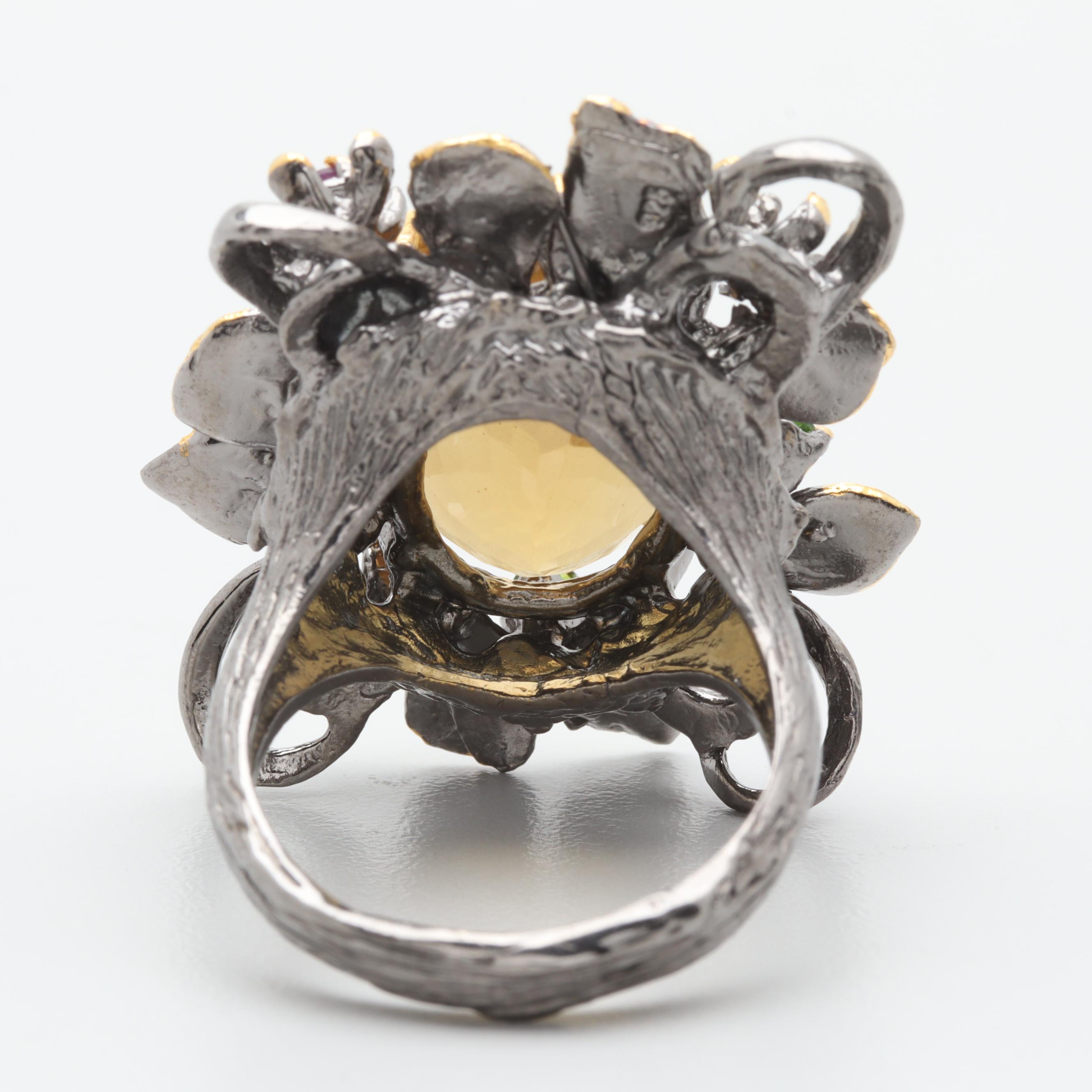 Sterling Silver Citrine, Chrome Diopside, and Amethyst Floral Motif Ring