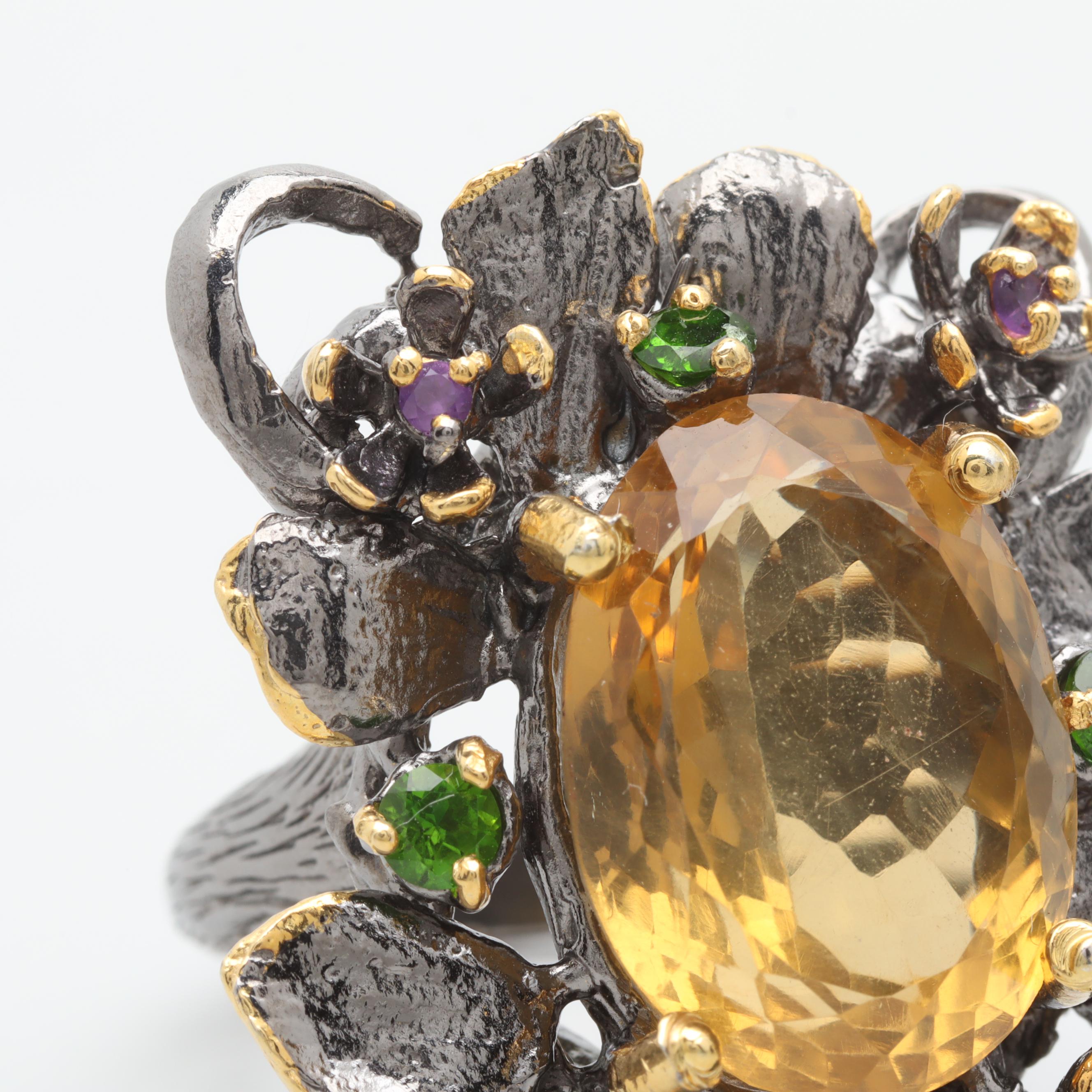 Sterling Silver Citrine, Chrome Diopside, and Amethyst Floral Motif Ring
