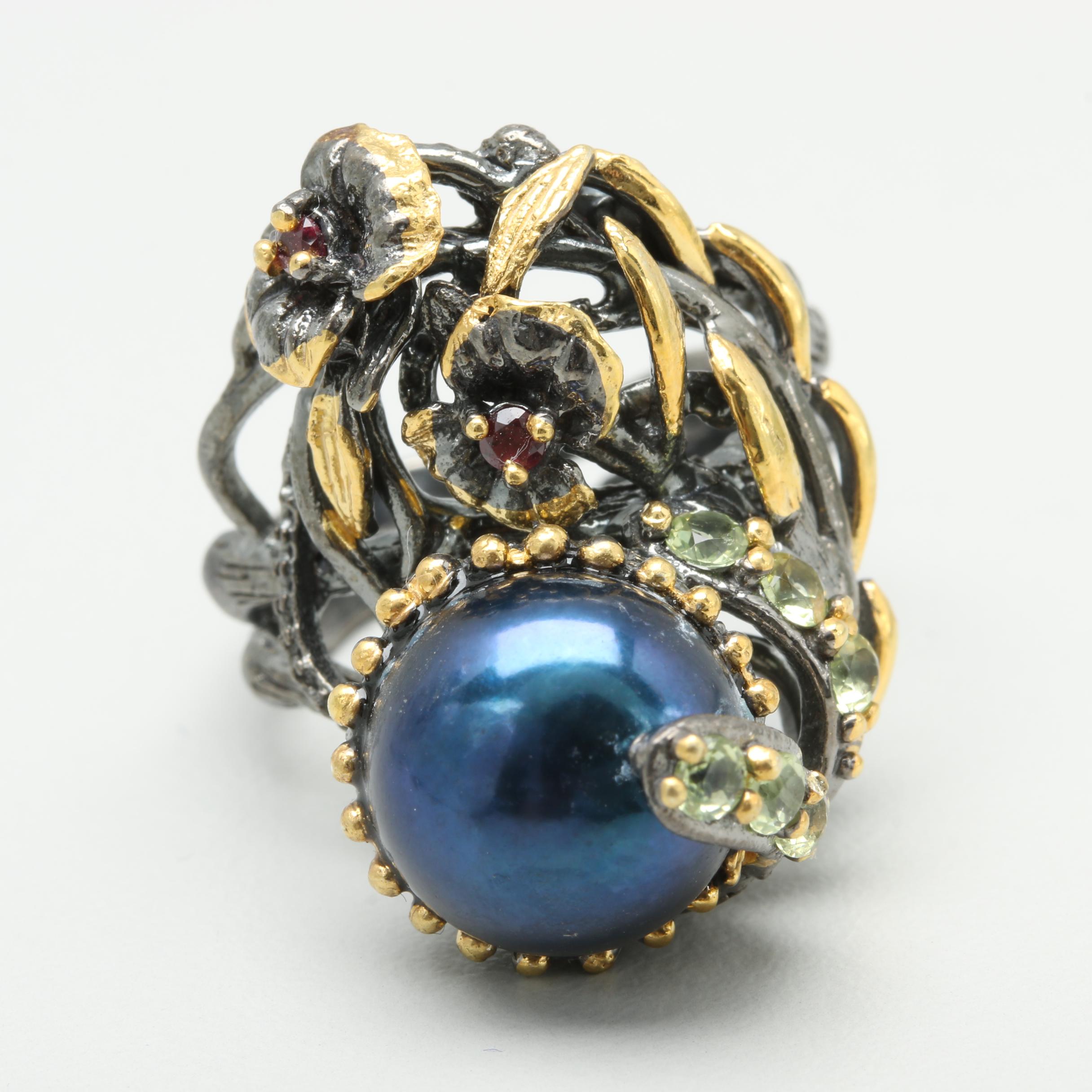 Sterling Silver Cultured Pearl, Garnet, and Peridot Ring with Gold Wash Accents