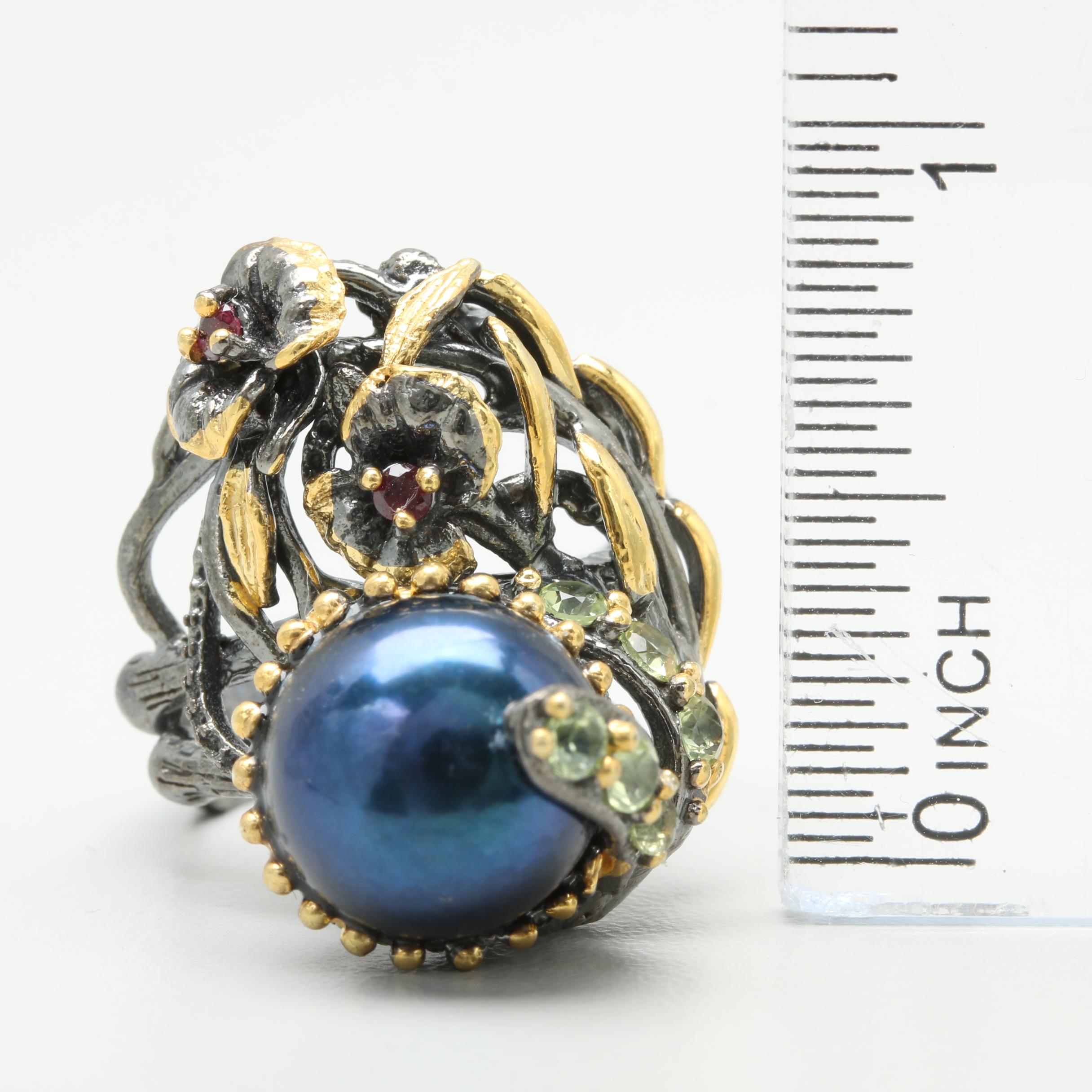 Sterling Silver Cultured Pearl, Garnet, and Peridot Ring with Gold Wash Accents