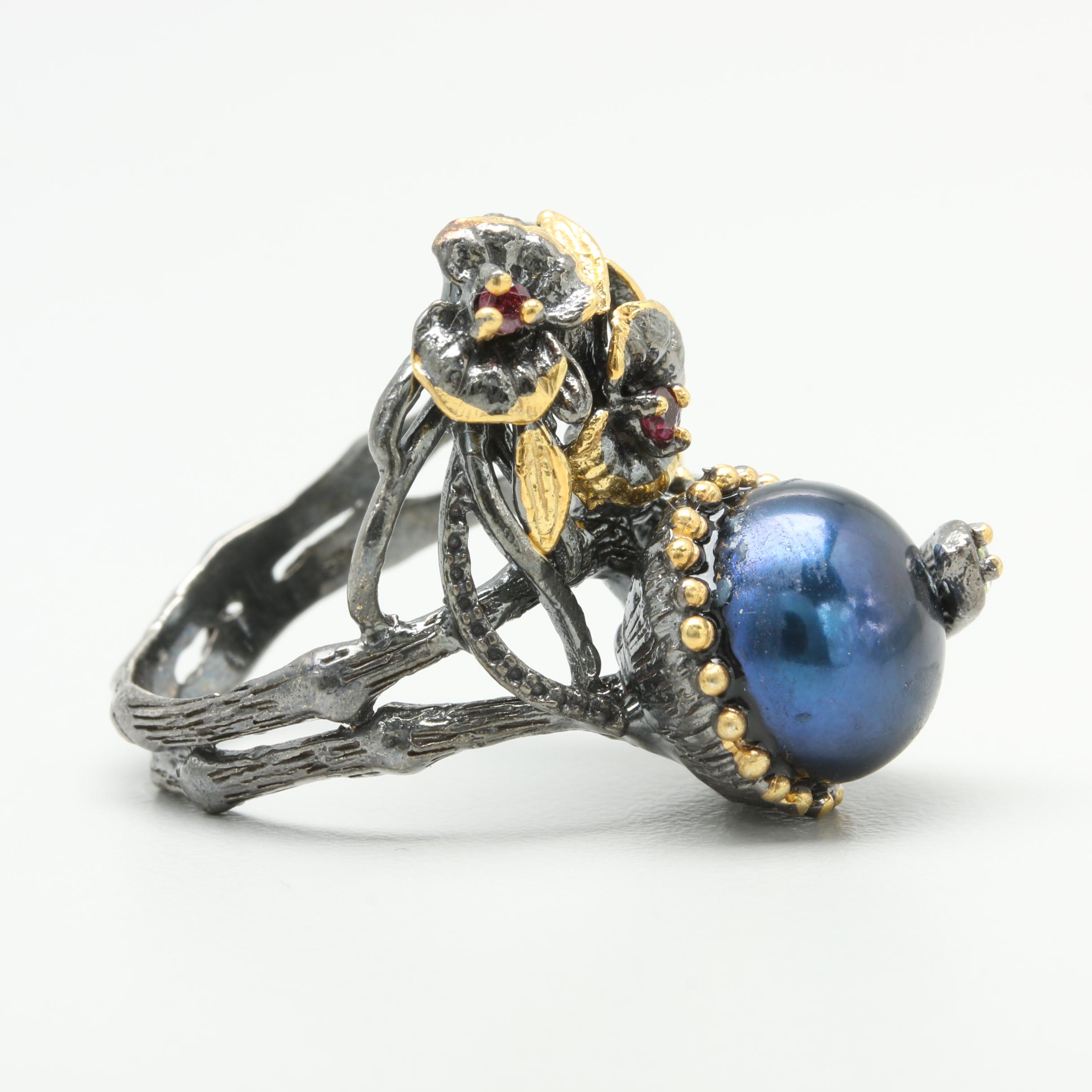 Sterling Silver Cultured Pearl, Garnet, and Peridot Ring with Gold Wash Accents