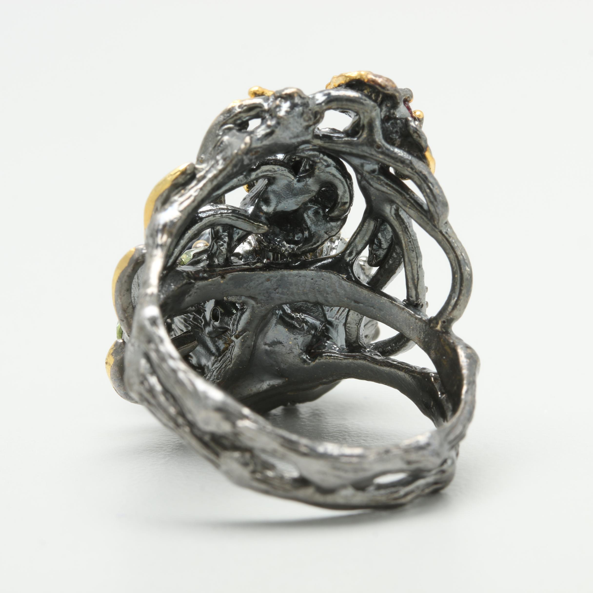 Sterling Silver Cultured Pearl, Garnet, and Peridot Ring with Gold Wash Accents