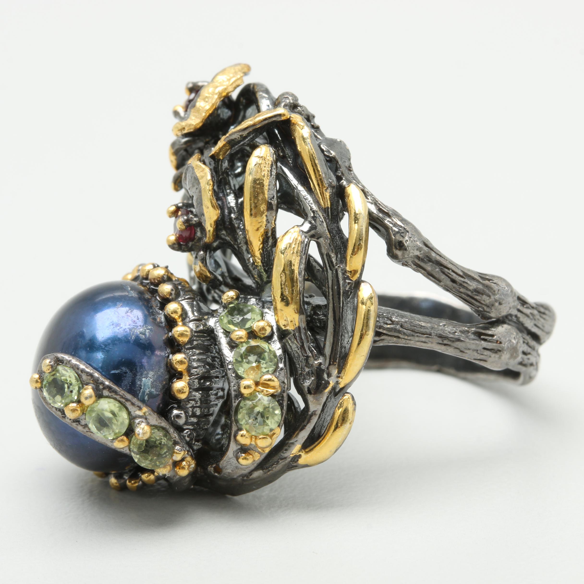 Sterling Silver Cultured Pearl, Garnet, and Peridot Ring with Gold Wash Accents