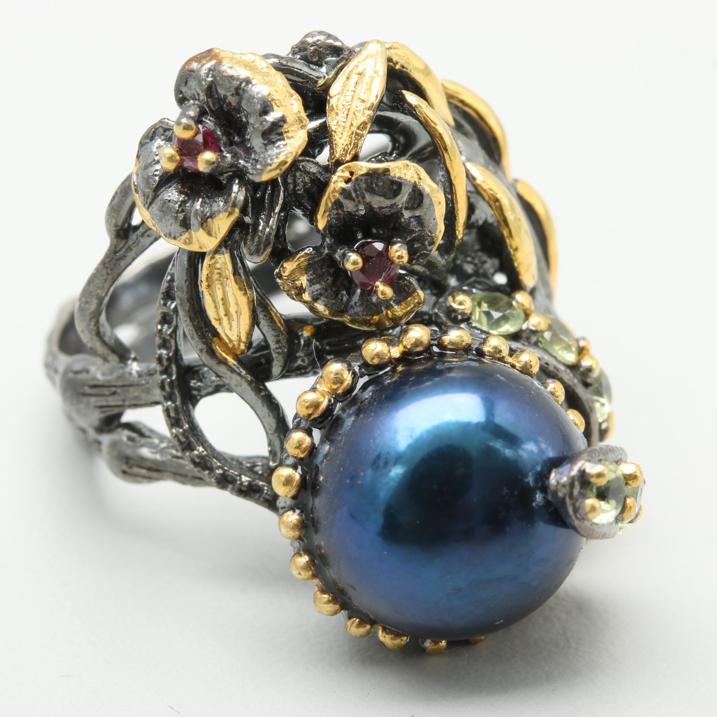 Sterling Silver Cultured Pearl, Garnet, and Peridot Ring with Gold Wash Accents