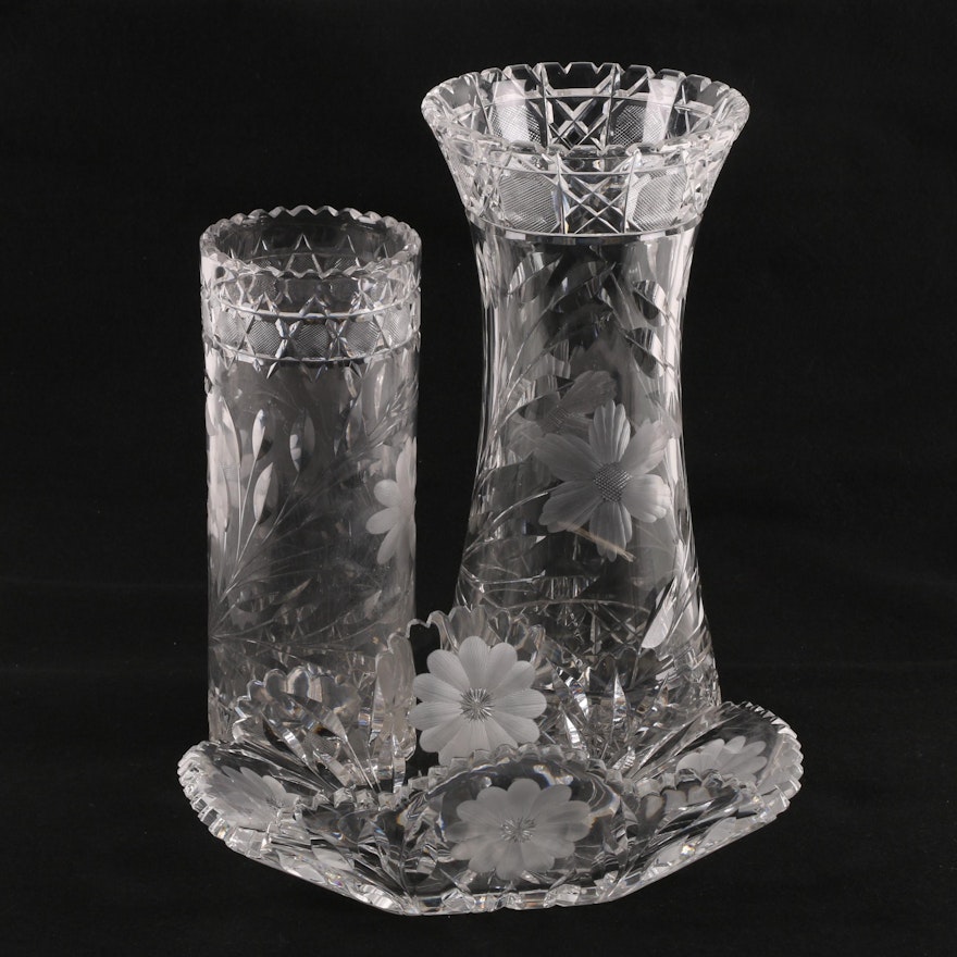 American Brilliant Period Cut Glass Floral Etched Vases With a Console Bowl