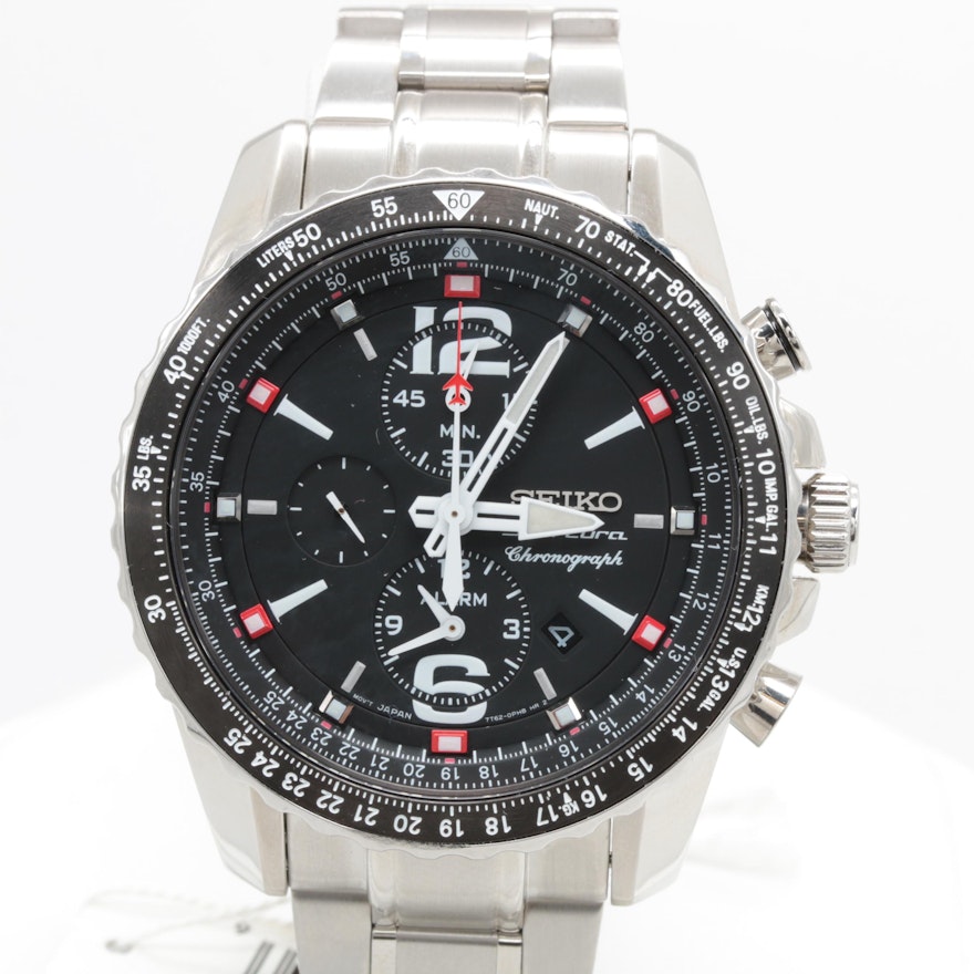 Seiko Stainless Steel Black Dial Chronograph Wristwatch