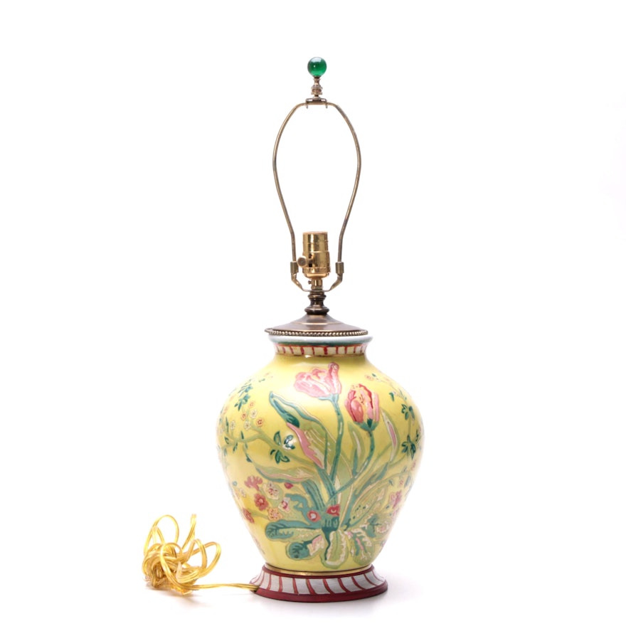 Ceramic and Brass Table Lamp with a Tulip Motif Attributed to Excelsior