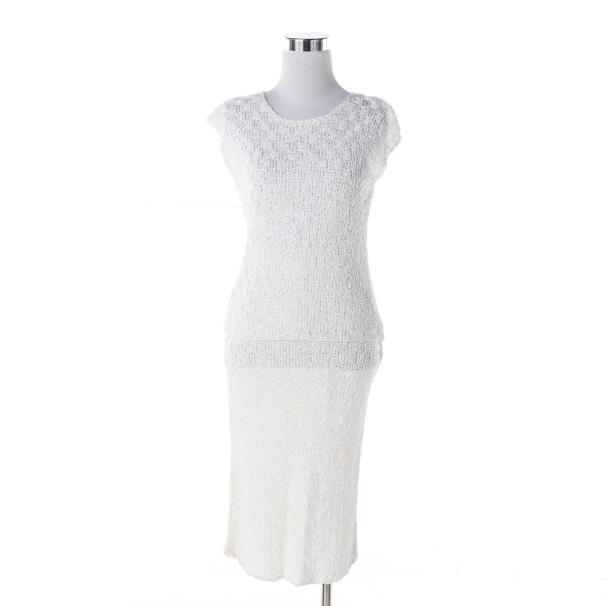 Women's 1960s Vintage White Silk Ribbon Crochet Top and Skirt Set