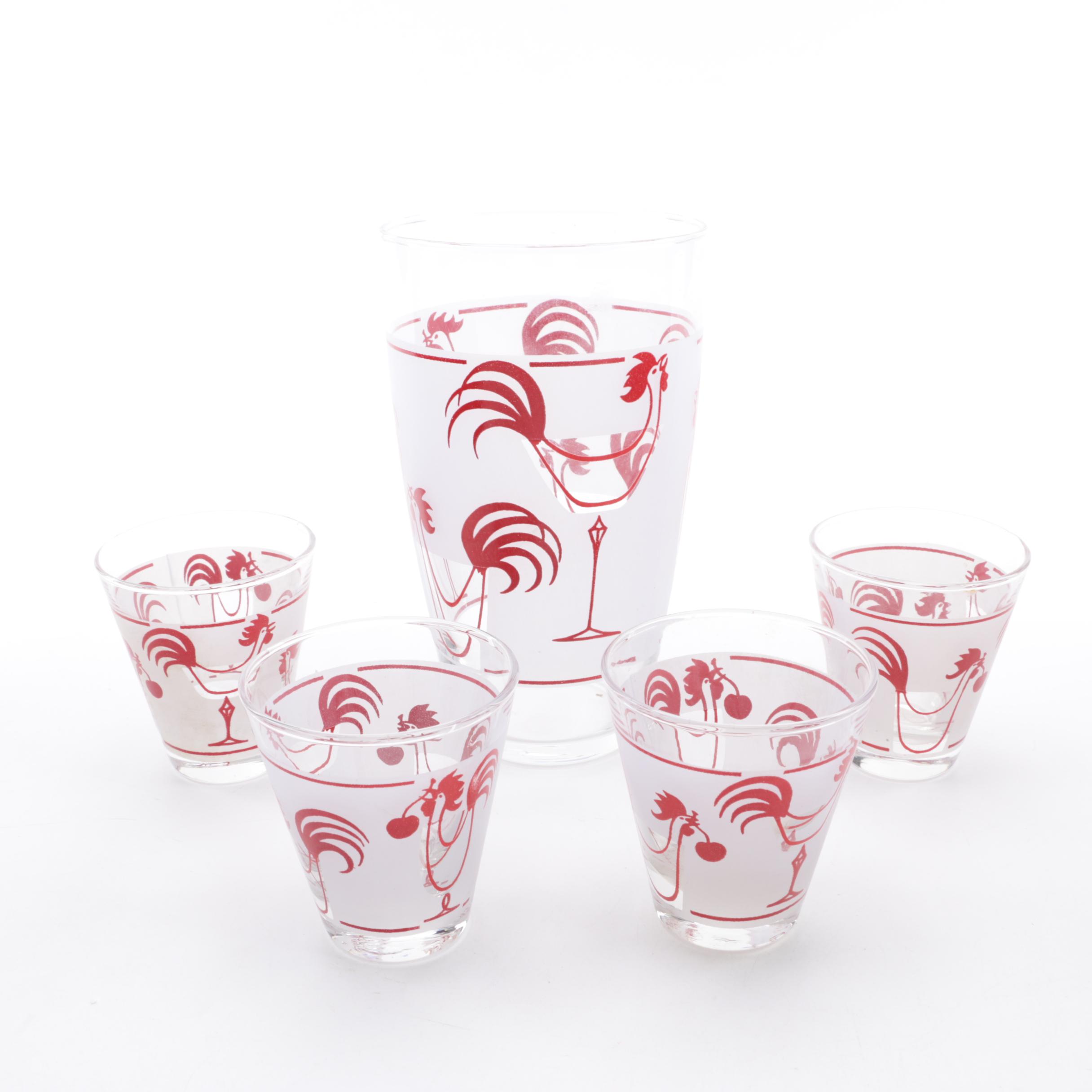Vintage Libbey Rooster Shot Glasses and Ice Bucket