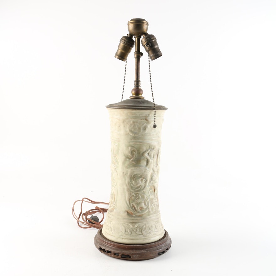 Art Nouveau Style Embossed Ceramic Table Lamp with Wooden Base
