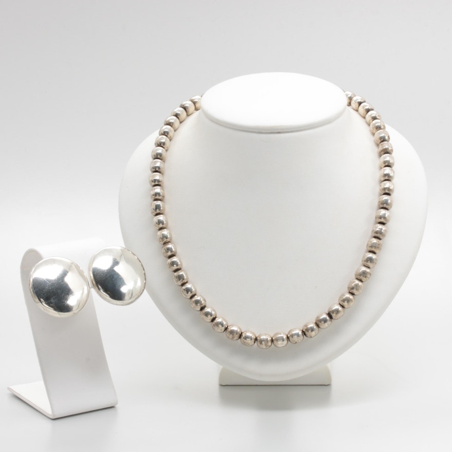 Mexican Sterling Silver Beaded Sphere Necklace and Earrings