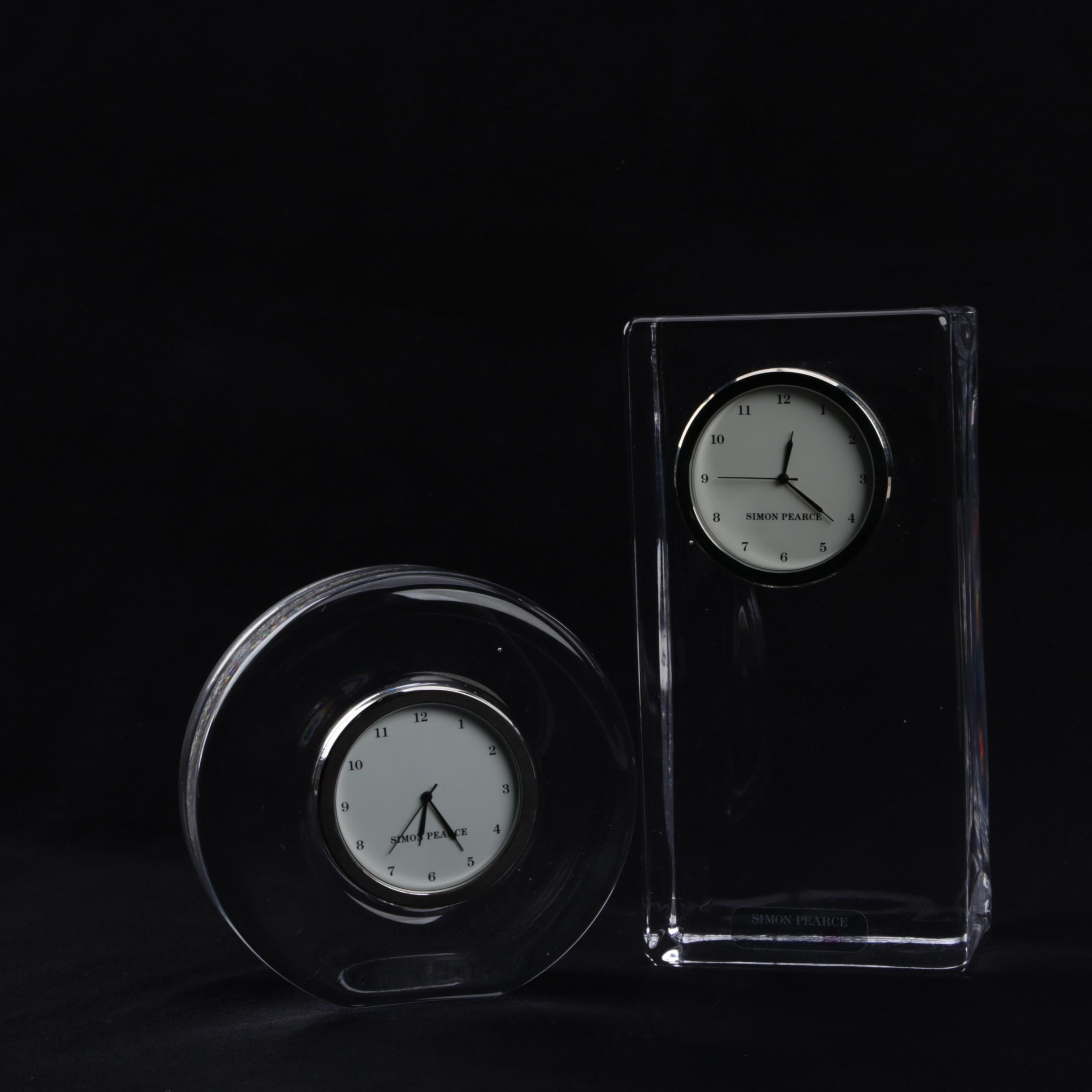 Simon Pearce "Meriden" and "Woodbury" Hand-Blown Glass Desk Clocks