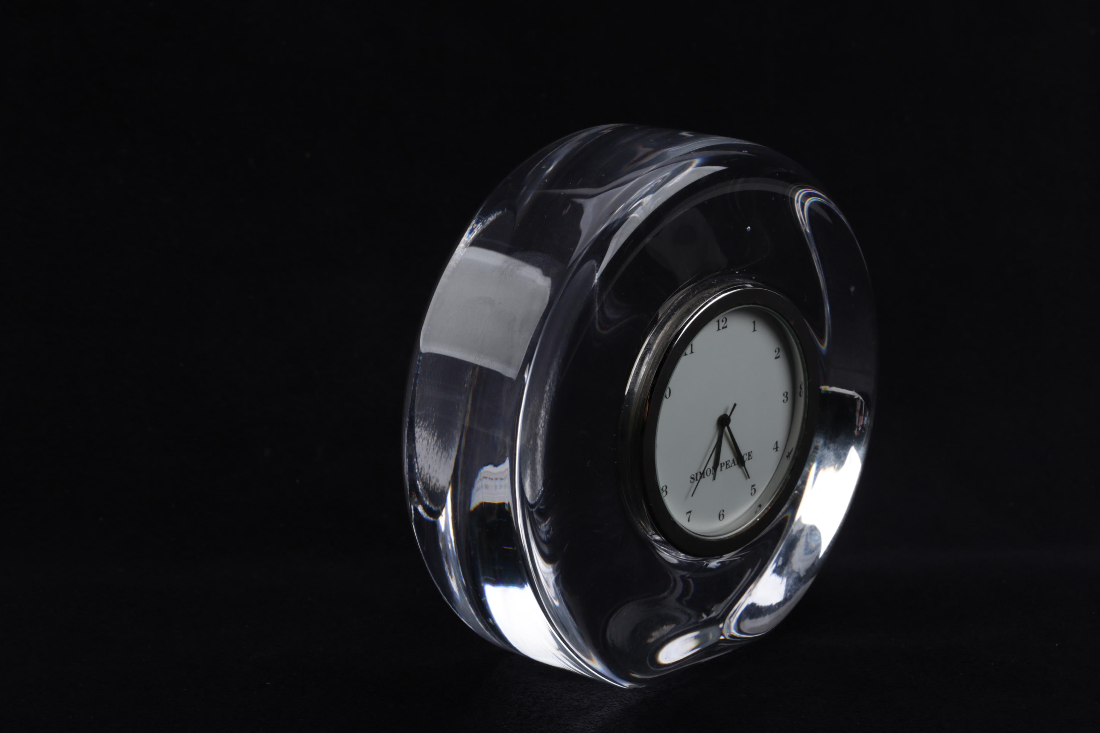 Simon Pearce "Meriden" and "Woodbury" Hand-Blown Glass Desk Clocks