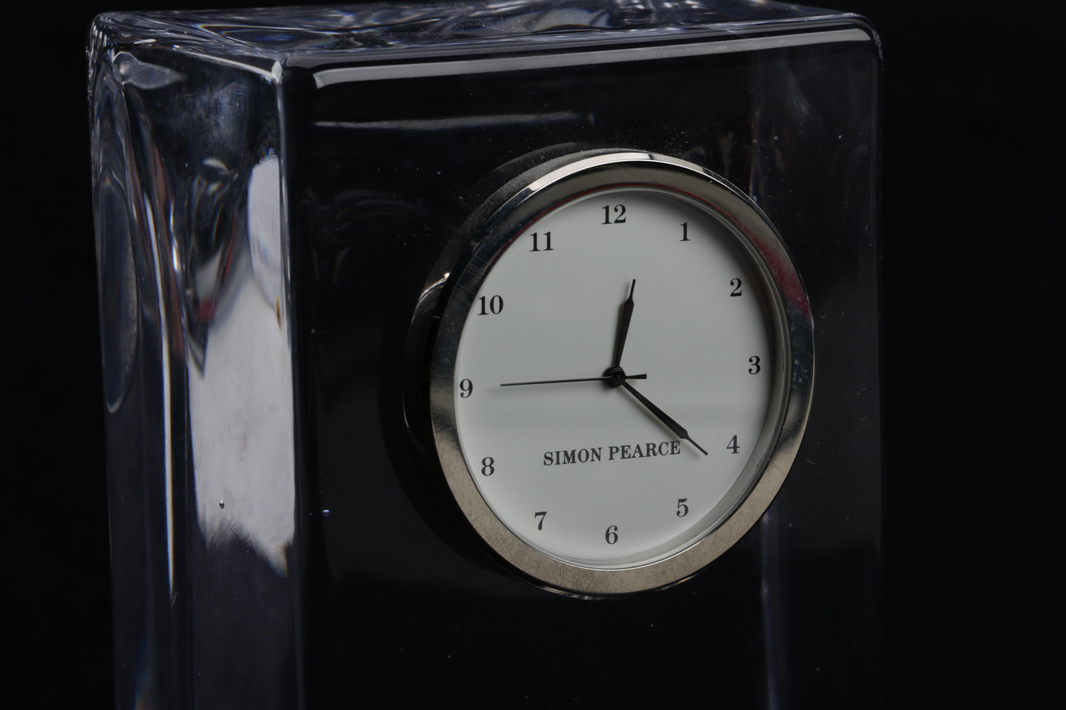 Simon Pearce "Meriden" and "Woodbury" Hand-Blown Glass Desk Clocks