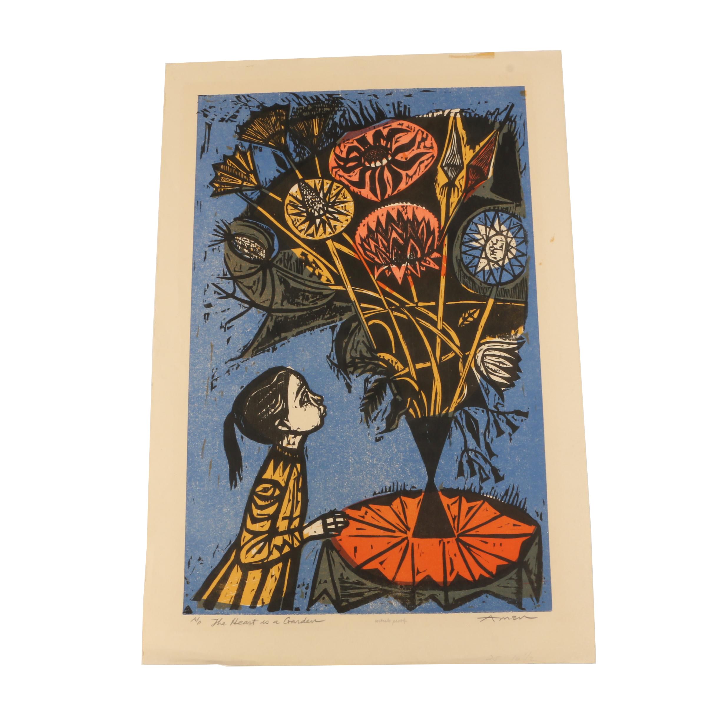 Irving Amen Artist's Proof Color Woodcut "The Heart is a Garden"