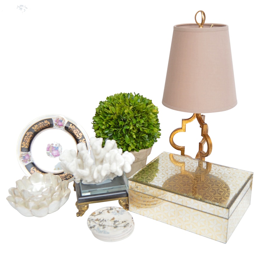 Decor with Neoclassic Style Lamp, Mirrored Trinket Box