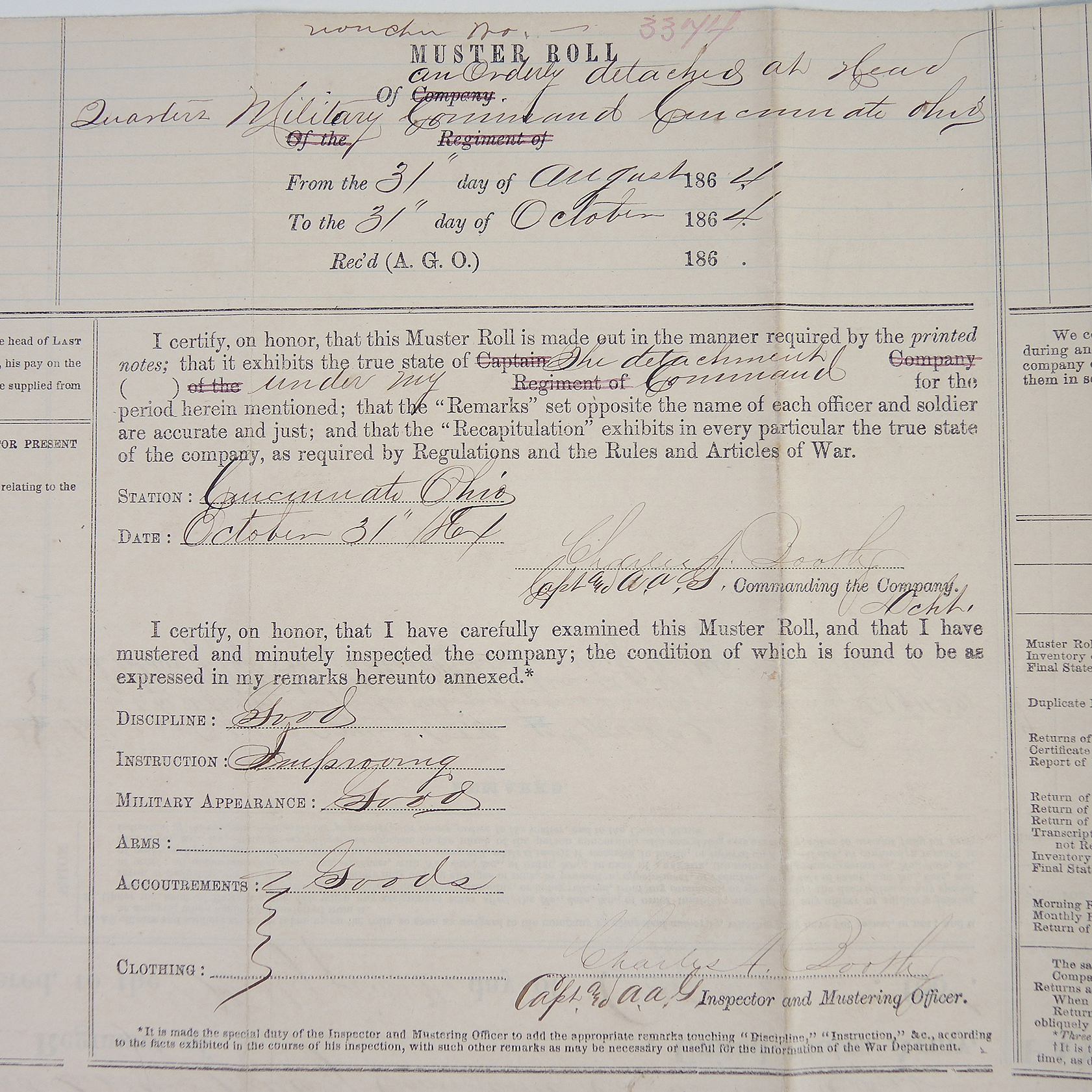 Original 1864 Civil War Muster Roll