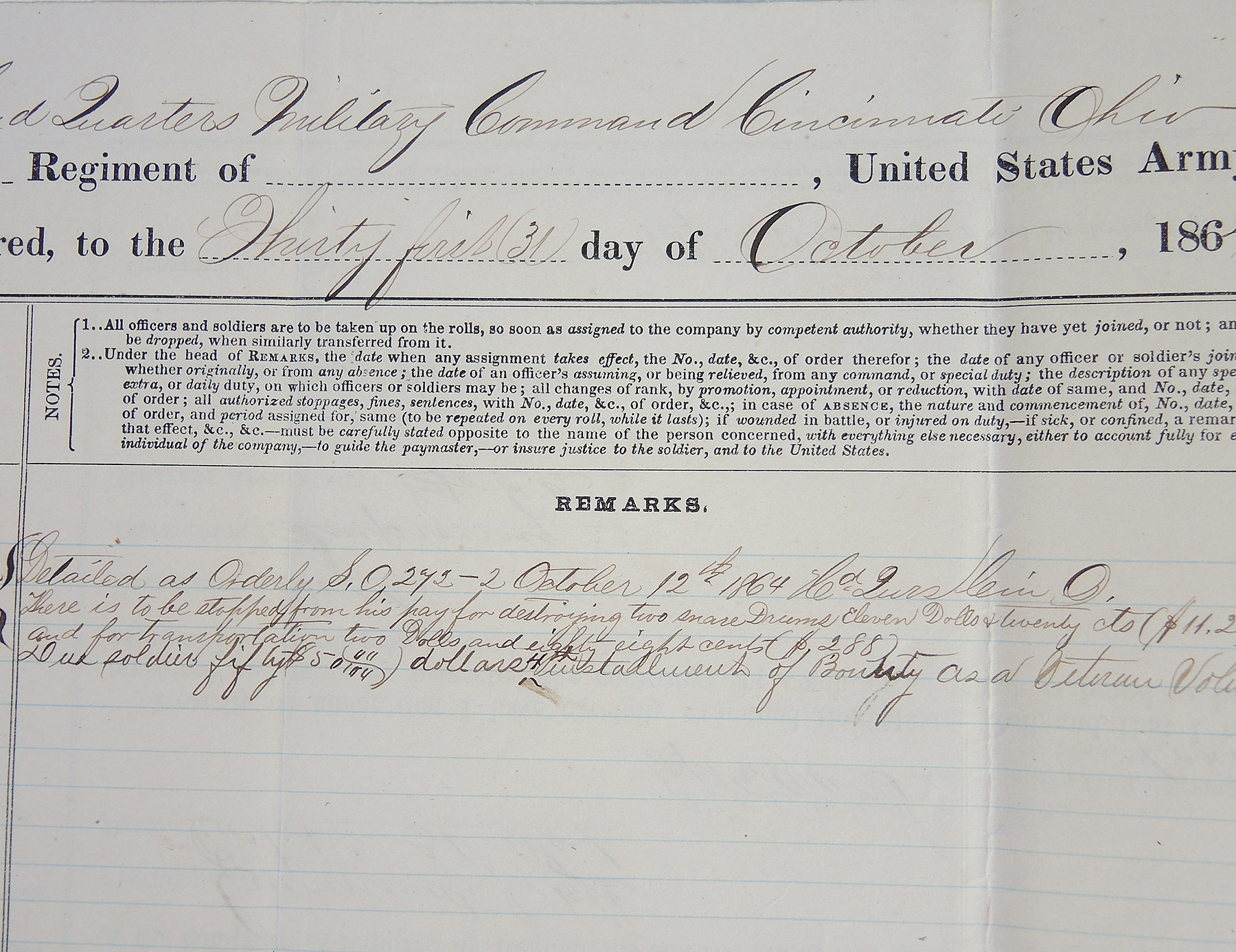 Original 1864 Civil War Muster Roll