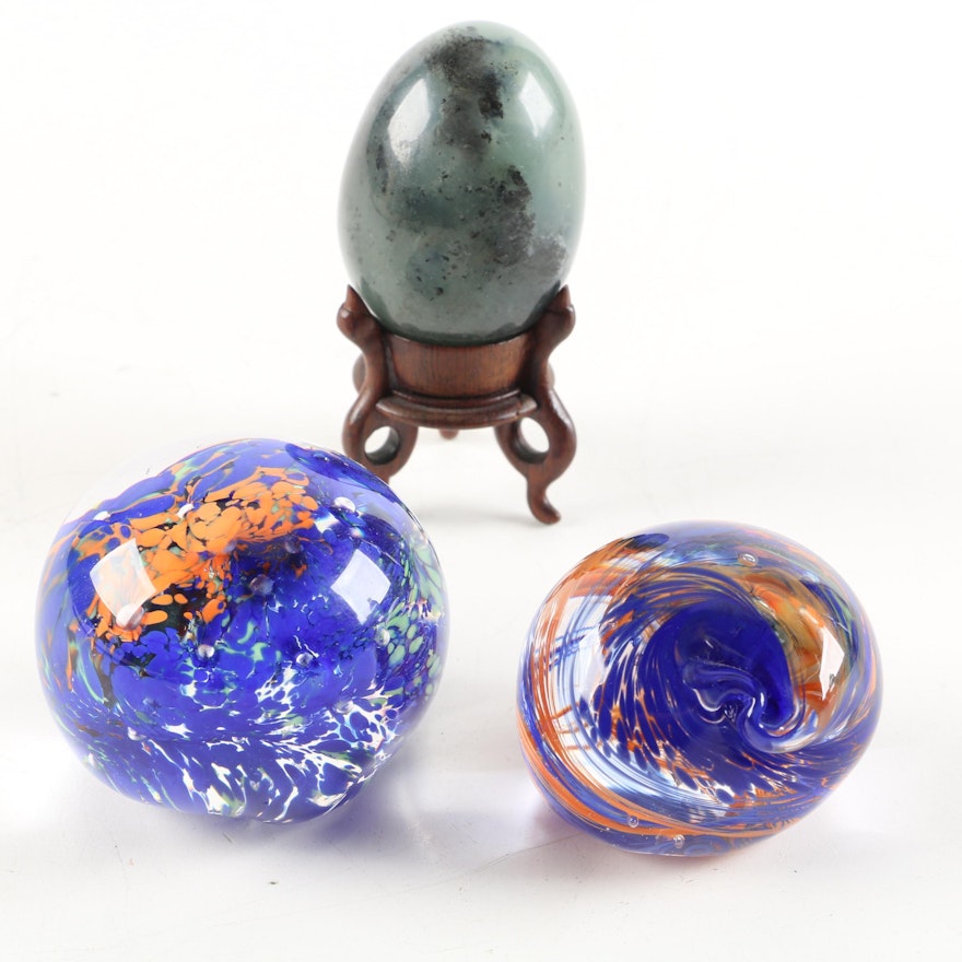 Bowenite Egg and Blown Glass Paperweights