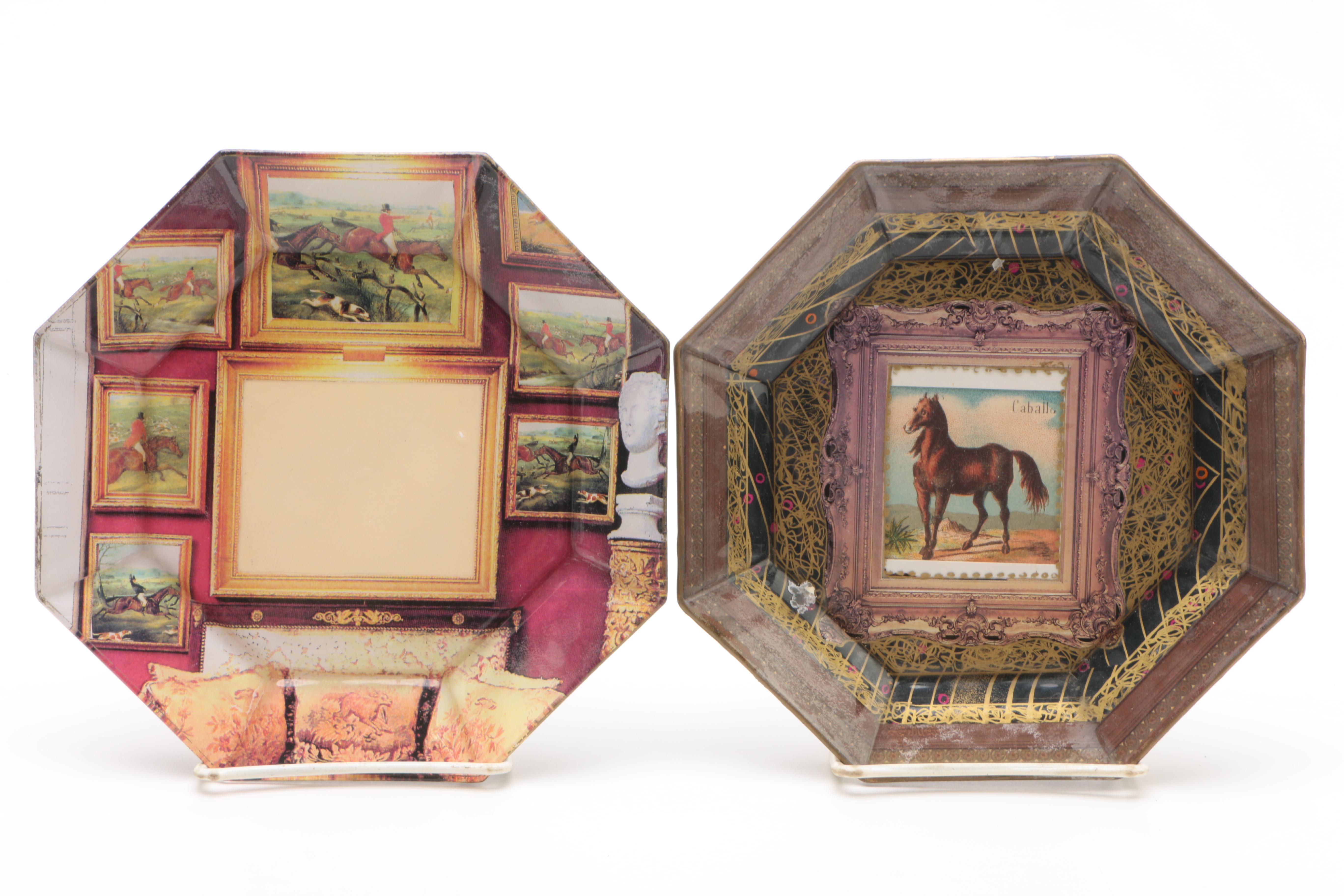 Signed Jered Holmes Decoupage Equestrian Plate with Other Plates and Dishes