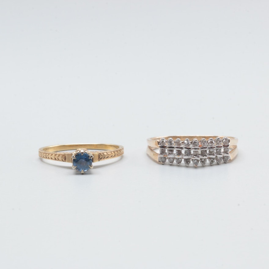 Art Deco 14K Yellow Gold Sapphire Ring With 10K Yellow Gold Diamond Ring