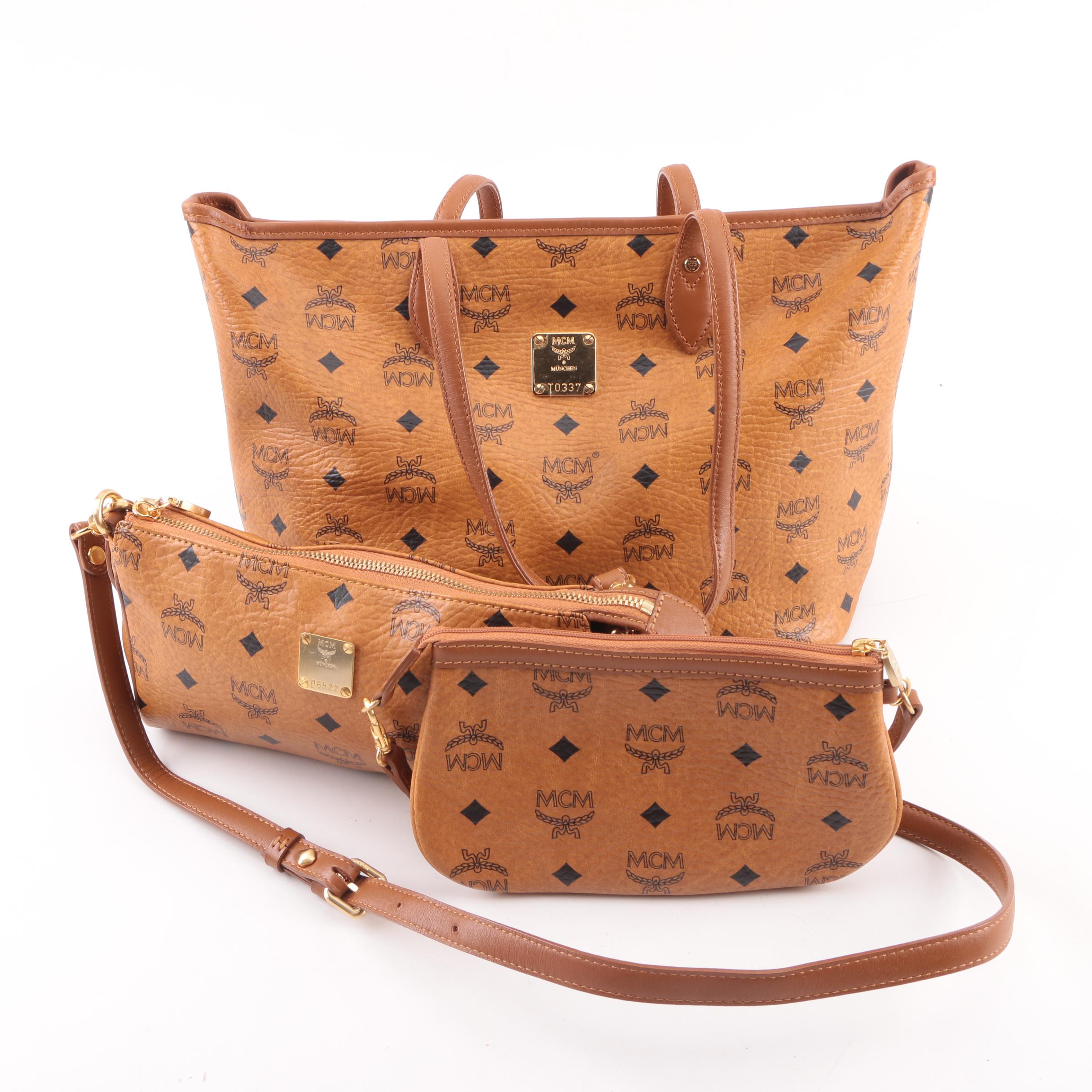 MCM Cognac Visetos Logo Print Coated Canvas Tote Bag, Shoulder Bag and Wristlet