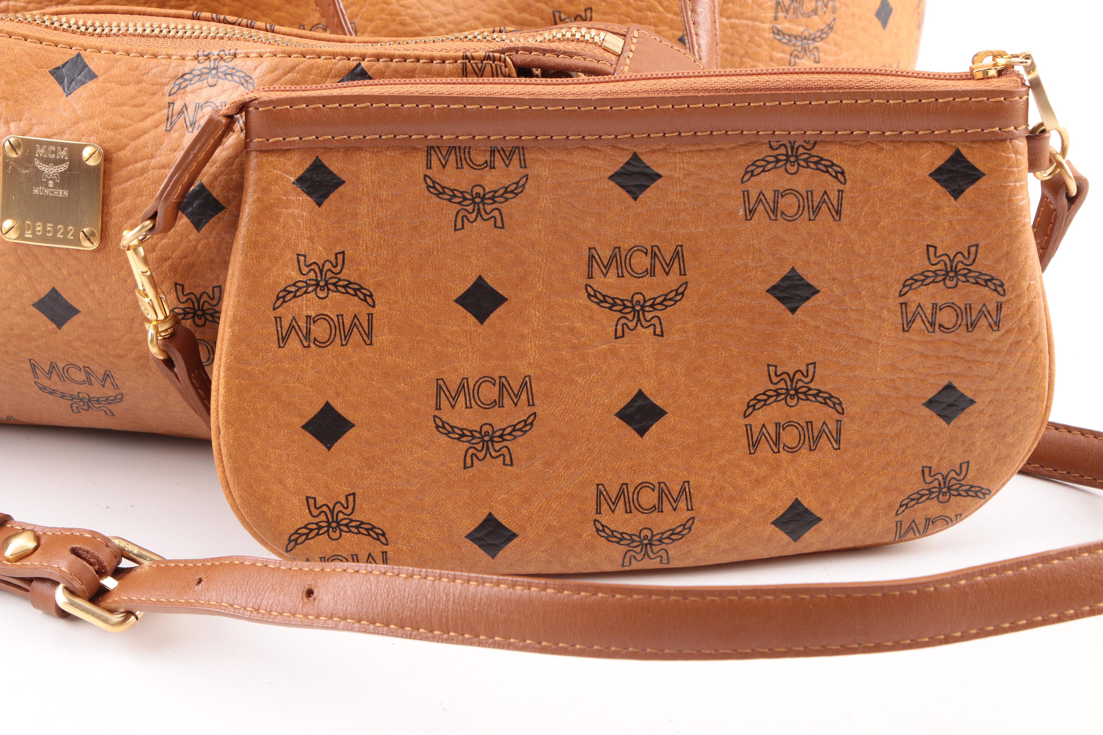 MCM Cognac Visetos Logo Print Coated Canvas Tote Bag, Shoulder Bag and Wristlet