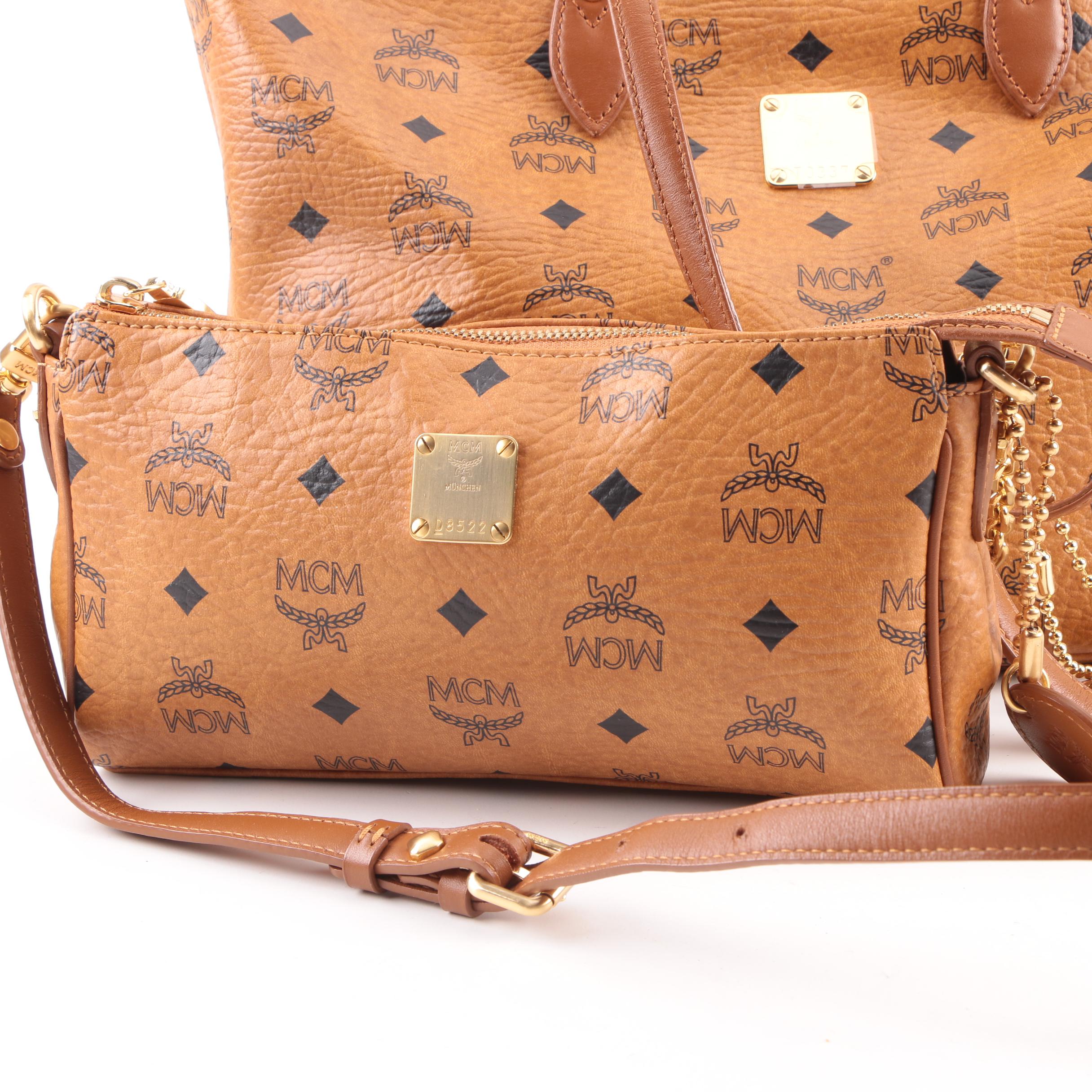 MCM Cognac Visetos Logo Print Coated Canvas Tote Bag, Shoulder Bag and Wristlet