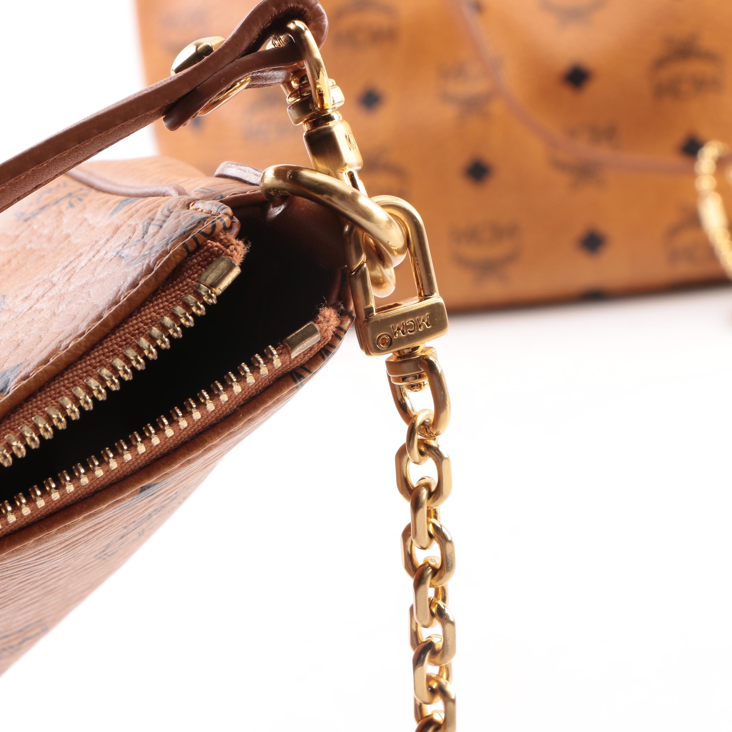 MCM Cognac Visetos Logo Print Coated Canvas Tote Bag, Shoulder Bag and Wristlet