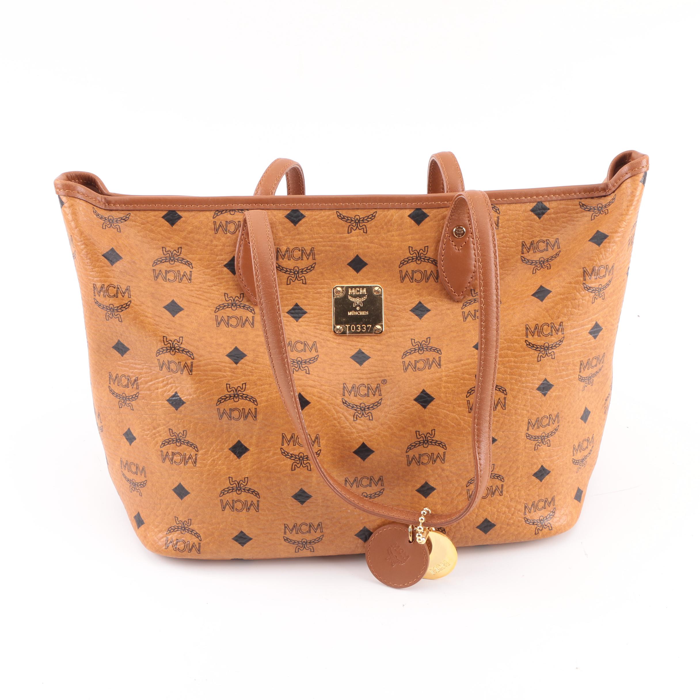 MCM Cognac Visetos Logo Print Coated Canvas Tote Bag, Shoulder Bag and Wristlet
