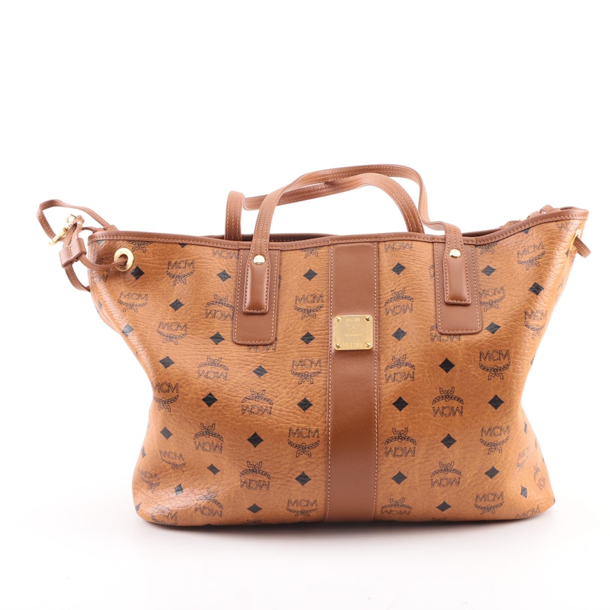 MCM Liz Reversible Logo Print Coated Canvas and Brown Gingham Tote Bag