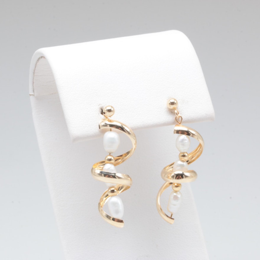 14K Yellow Gold Cultured Pearl Dangle Earrings