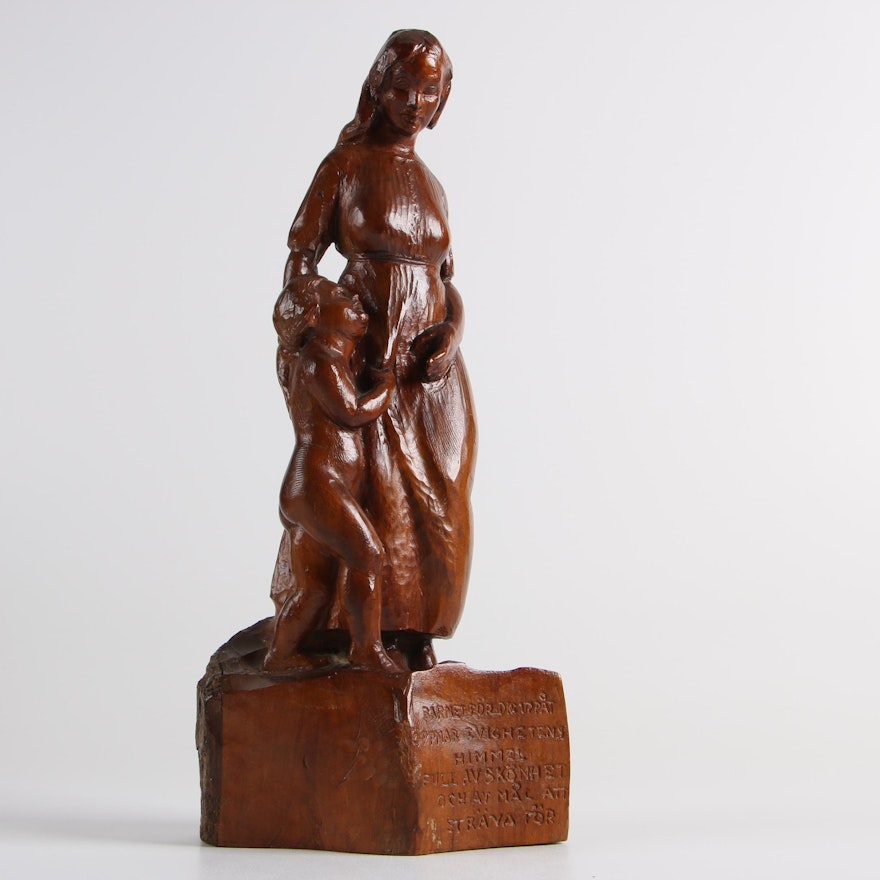 N. Arthur Sandin 1938 Mother and Child Wooden Carving with Inscription