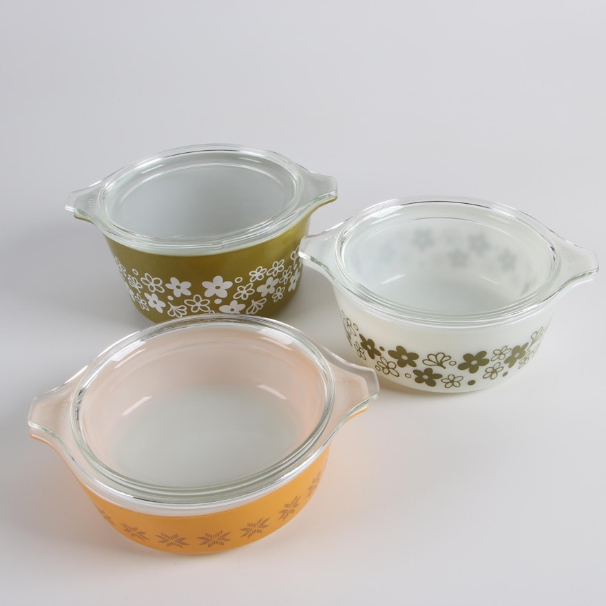 Pyrex "Spring Blossom" and "Town and Country" Lidded Casseroles , c. 1963-79