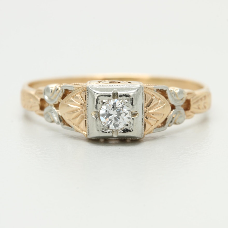 Art Deco 14K Yellow Gold Diamond Ring with White Gold Accents