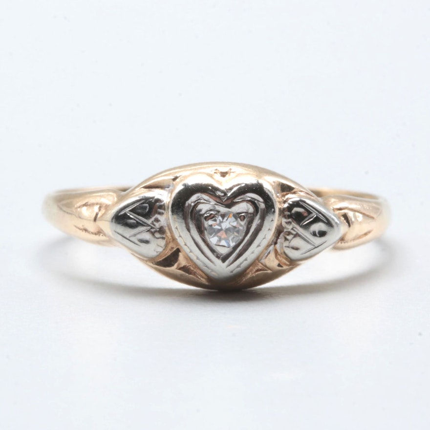 14K Yellow Gold Diamond Heart Ring with White Gold Accents