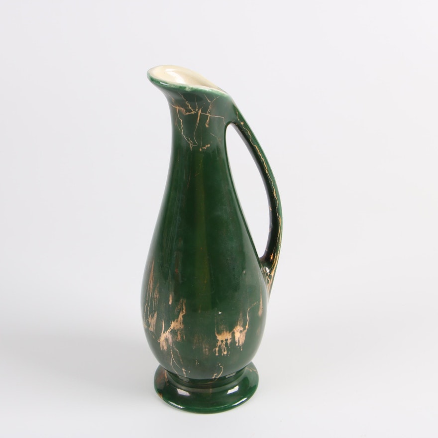 Mid-Century Green and Gilded Earthenware Ewer