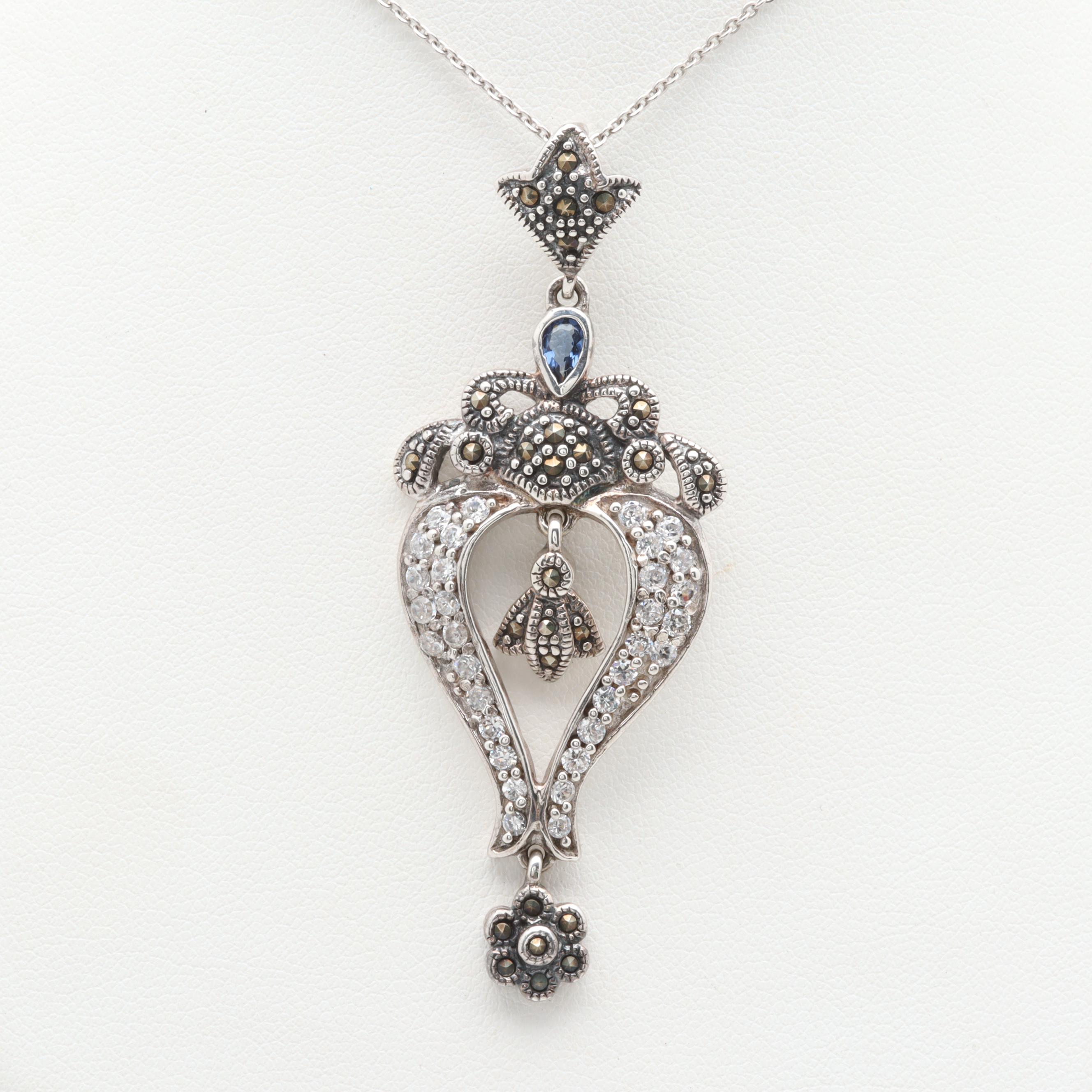 Sterling Silver Iolite, Cubic Zirconia, and Pyrite Necklace