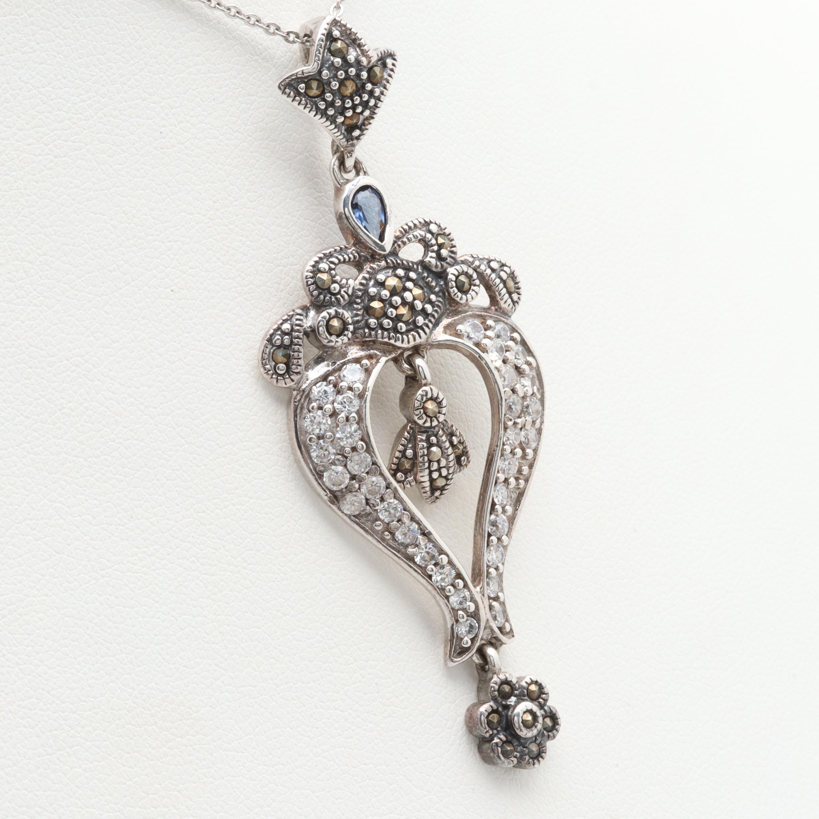 Sterling Silver Iolite, Cubic Zirconia, and Pyrite Necklace