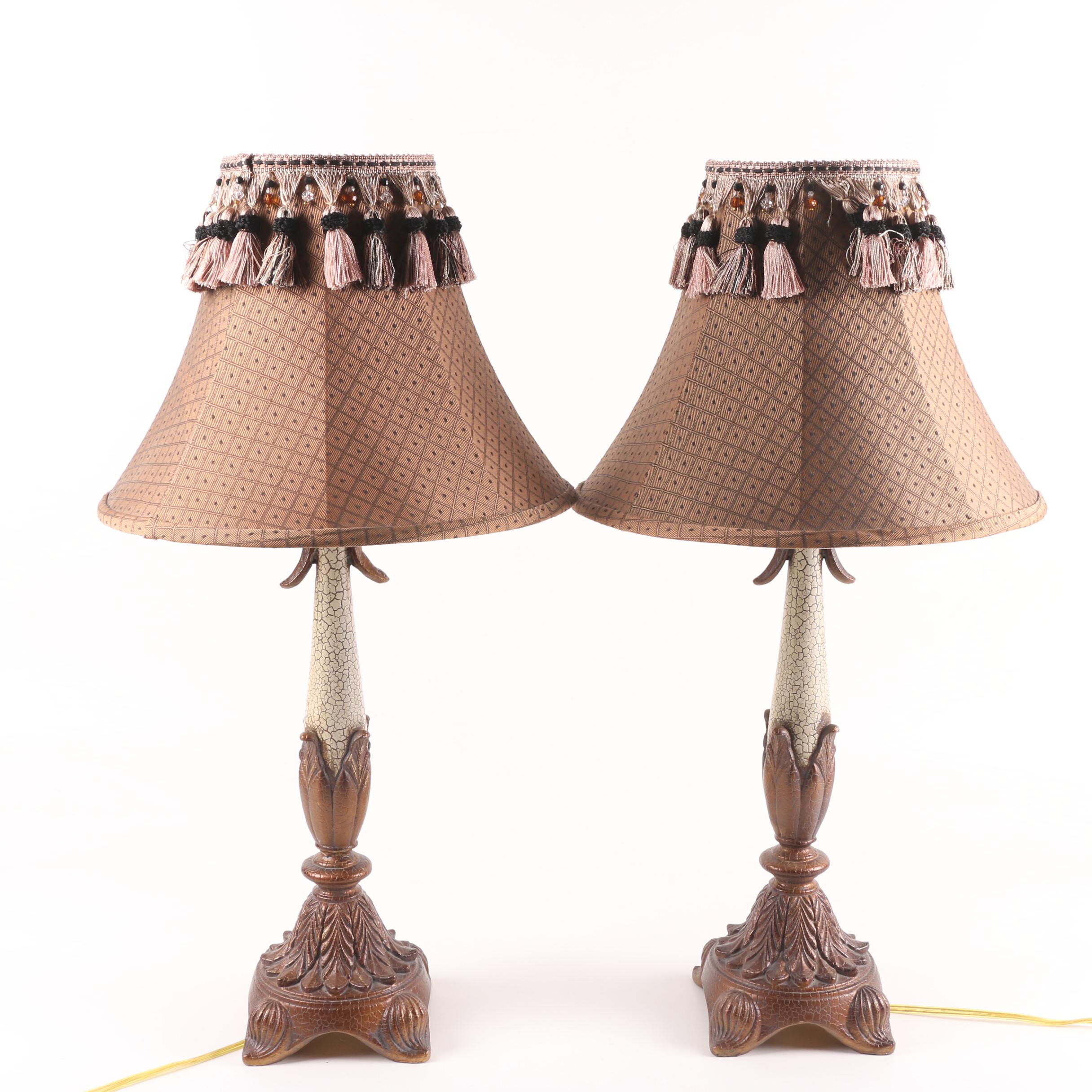 Berman Craquelure Finish Torch Style Table Lamps with Tassel Accented Shades